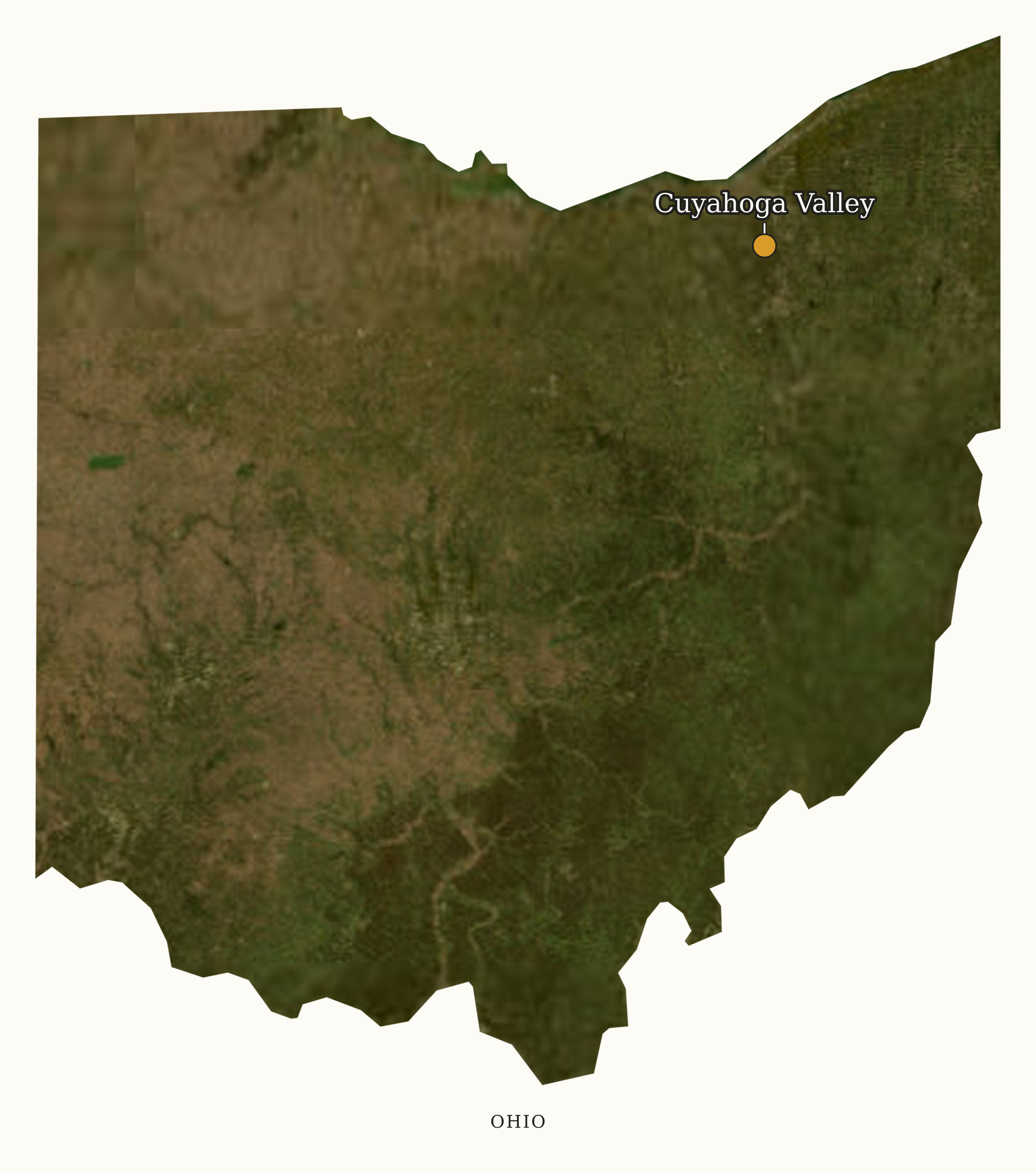 Ohio National Parks map: labeled satellite map, showing 1 locations: Cuyahoga Valley