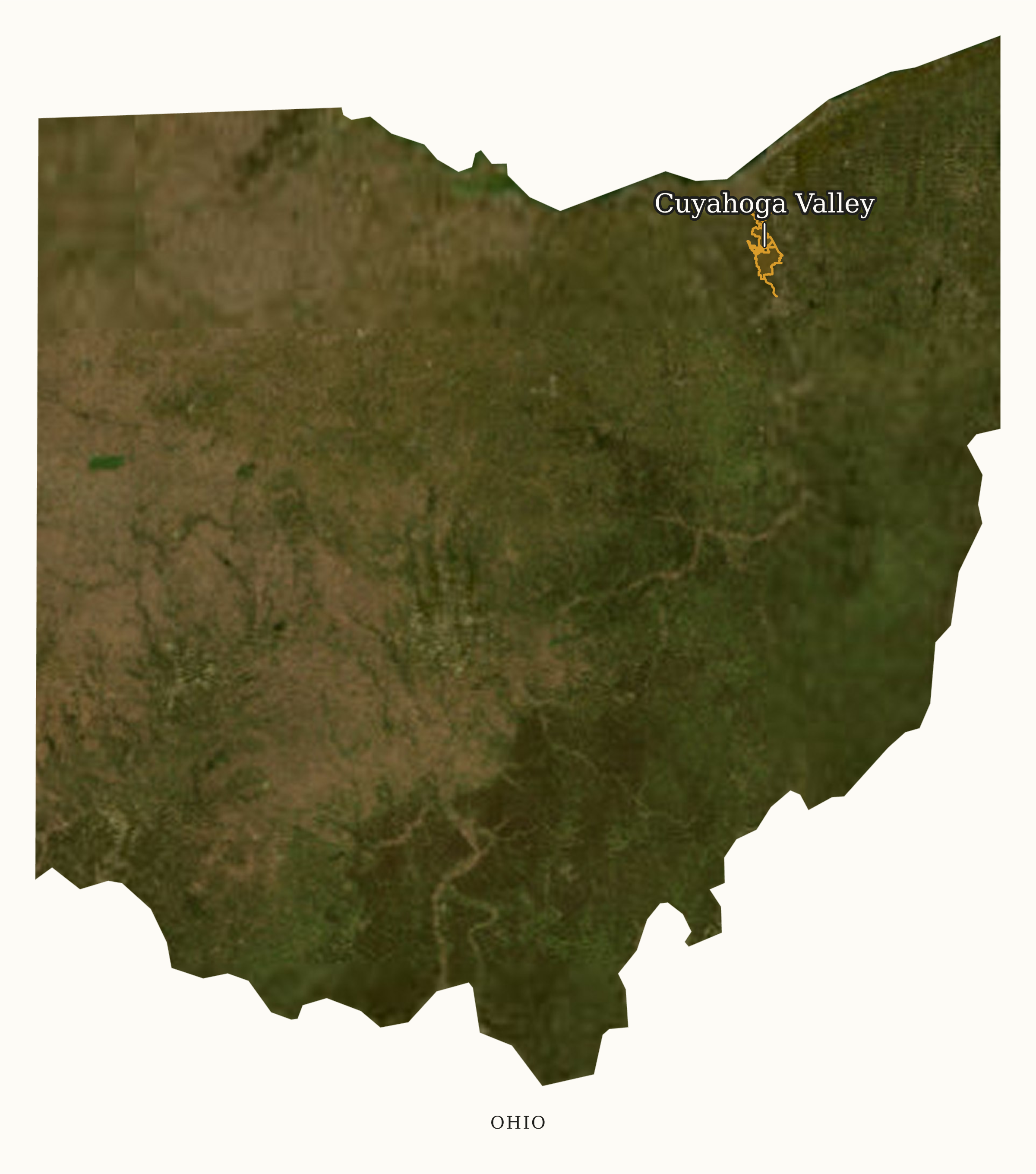 Ohio National Parks map: labeled satellite map, showing 1 locations: Cuyahoga Valley