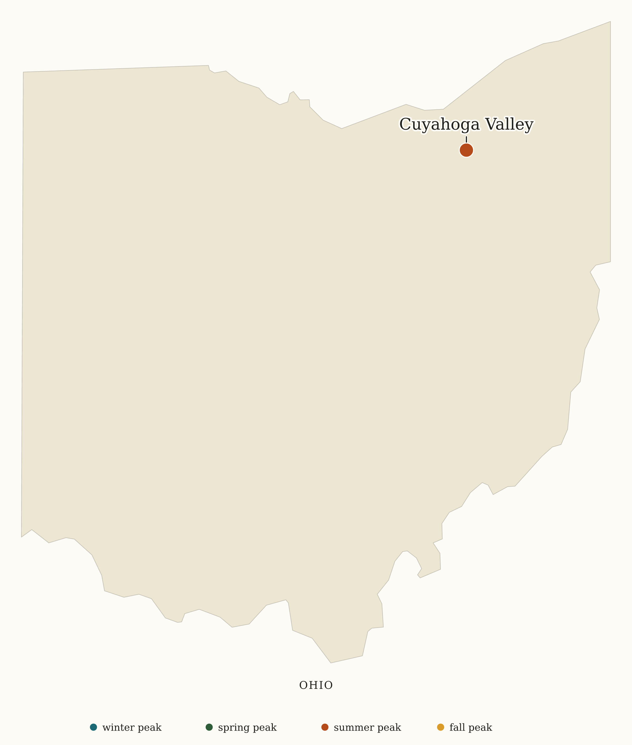 Ohio National Parks map: busiest-season map, showing 1 locations: Cuyahoga Valley