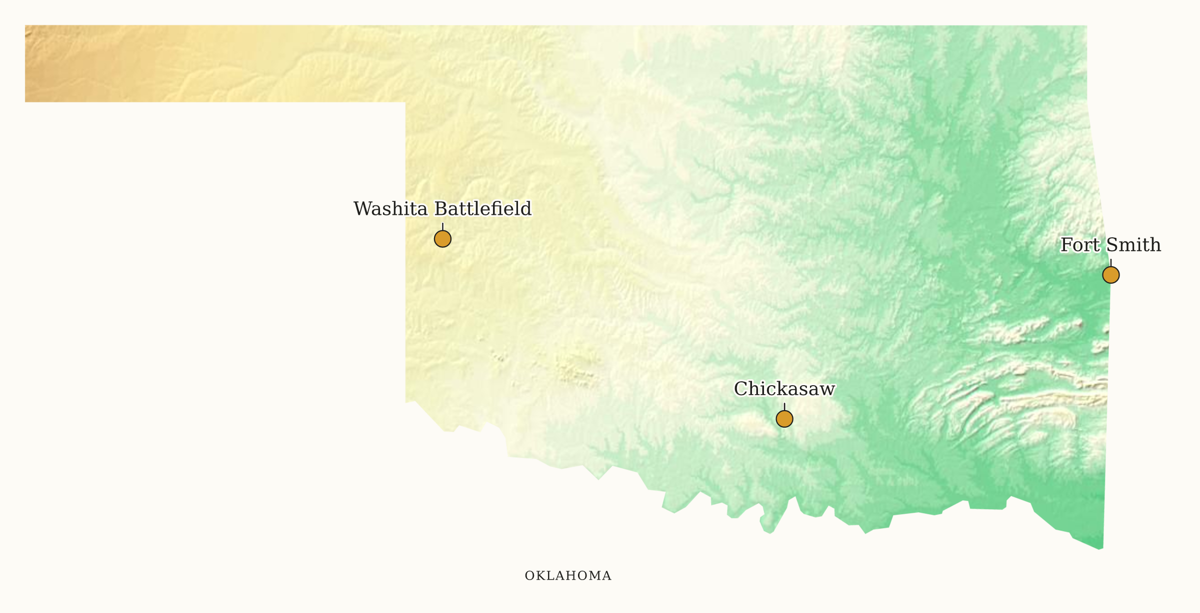 Oklahoma NPS sites map: elevation tint map, showing 3 locations: Chickasaw, Fort Smith, Washita Battlefield