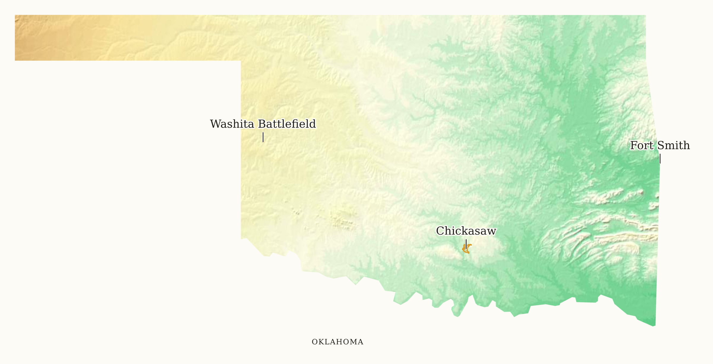 Oklahoma NPS sites map: elevation tint map, showing 3 locations: Chickasaw, Fort Smith, Washita Battlefield