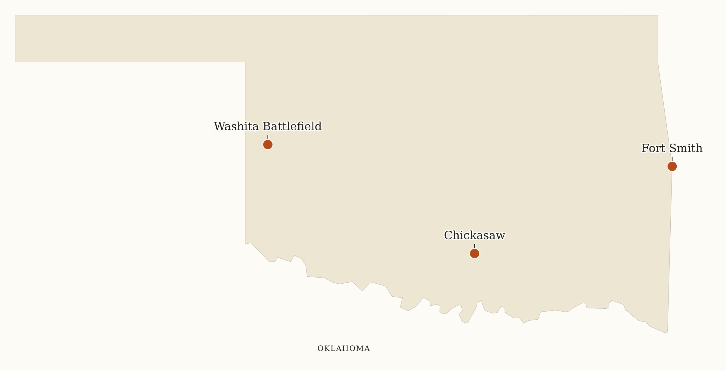 Oklahoma NPS sites map: map with place names, showing 3 locations: Chickasaw, Fort Smith, Washita Battlefield