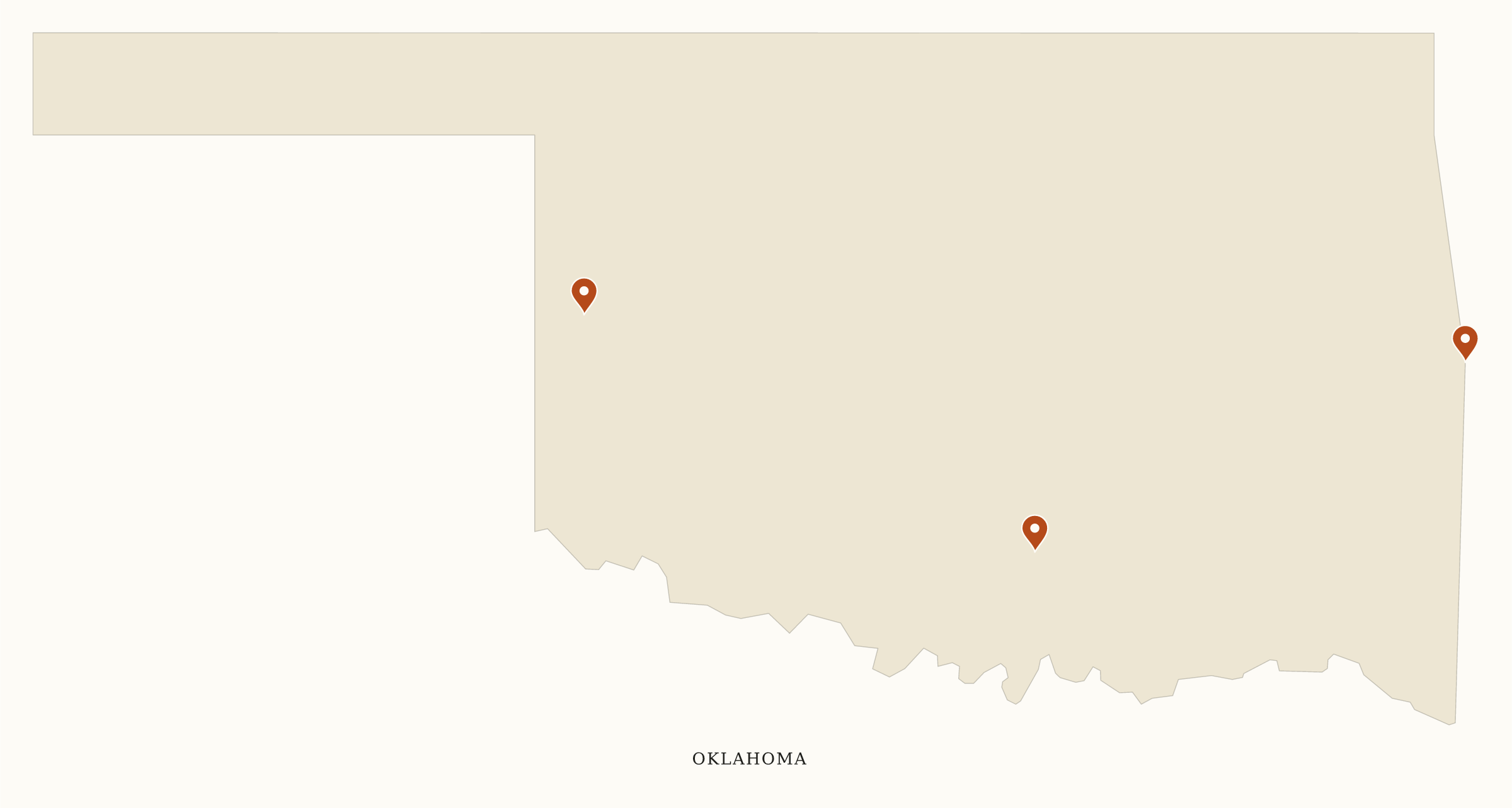 Oklahoma NPS sites map: clean pin map, showing 3 locations: Chickasaw, Fort Smith, Washita Battlefield