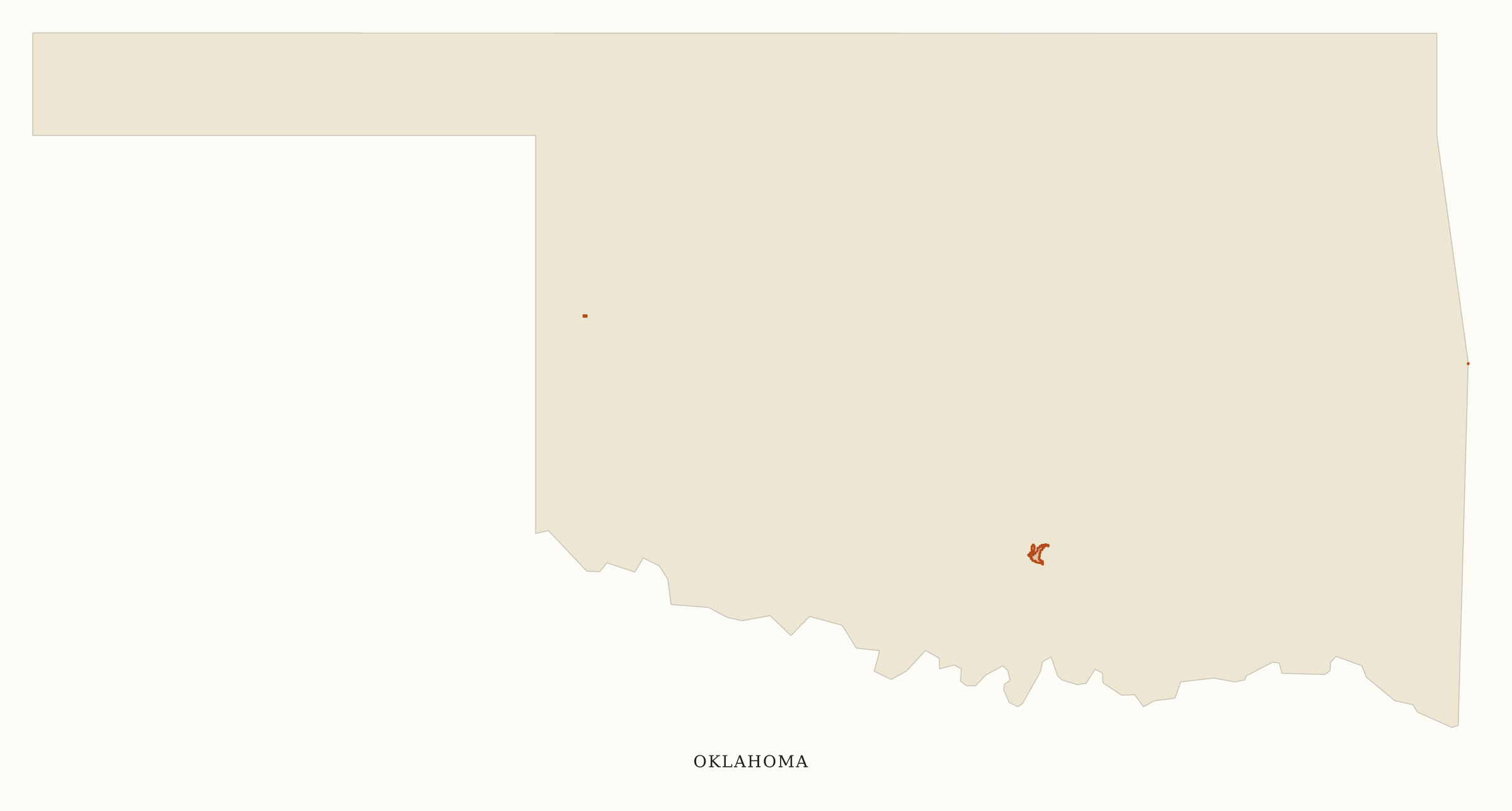 Oklahoma NPS sites map: clean area map, showing 3 locations: Chickasaw, Fort Smith, Washita Battlefield