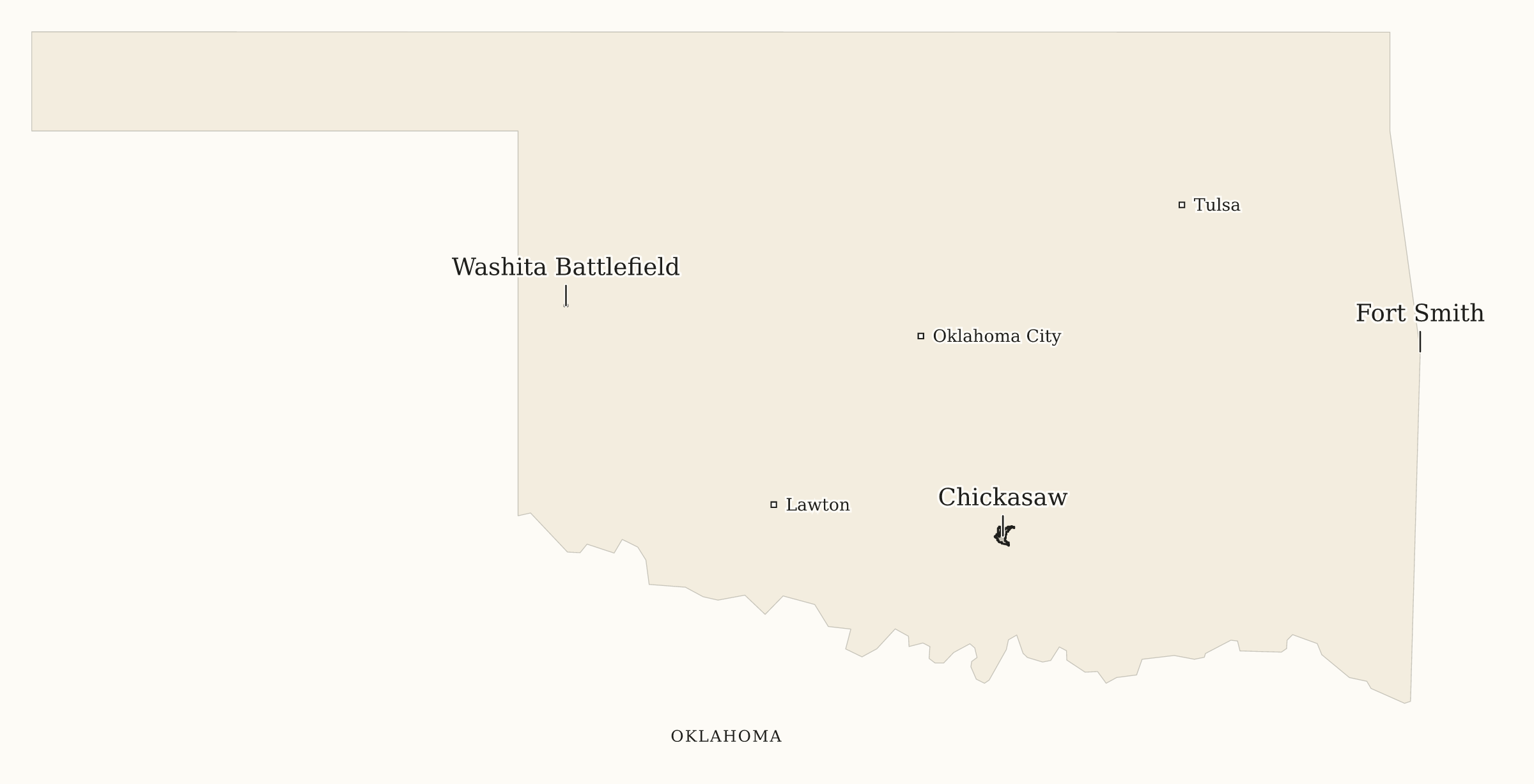 Oklahoma NPS sites map: print-friendly map, showing 3 locations: Chickasaw, Fort Smith, Washita Battlefield