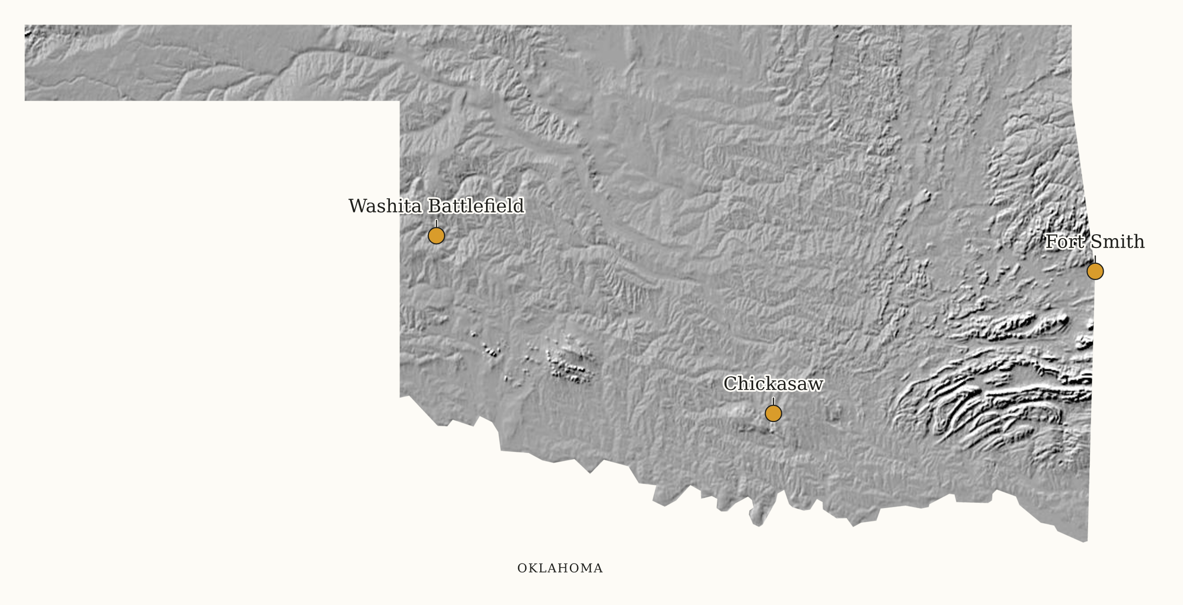 Oklahoma NPS sites map: shaded relief map, showing 3 locations: Chickasaw, Fort Smith, Washita Battlefield