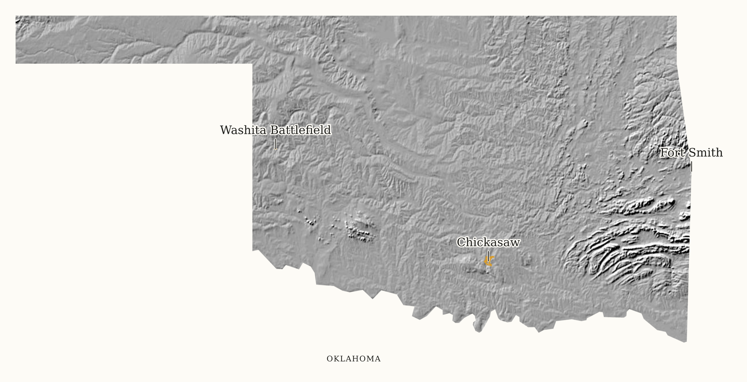 Oklahoma NPS sites map: shaded relief map, showing 3 locations: Chickasaw, Fort Smith, Washita Battlefield