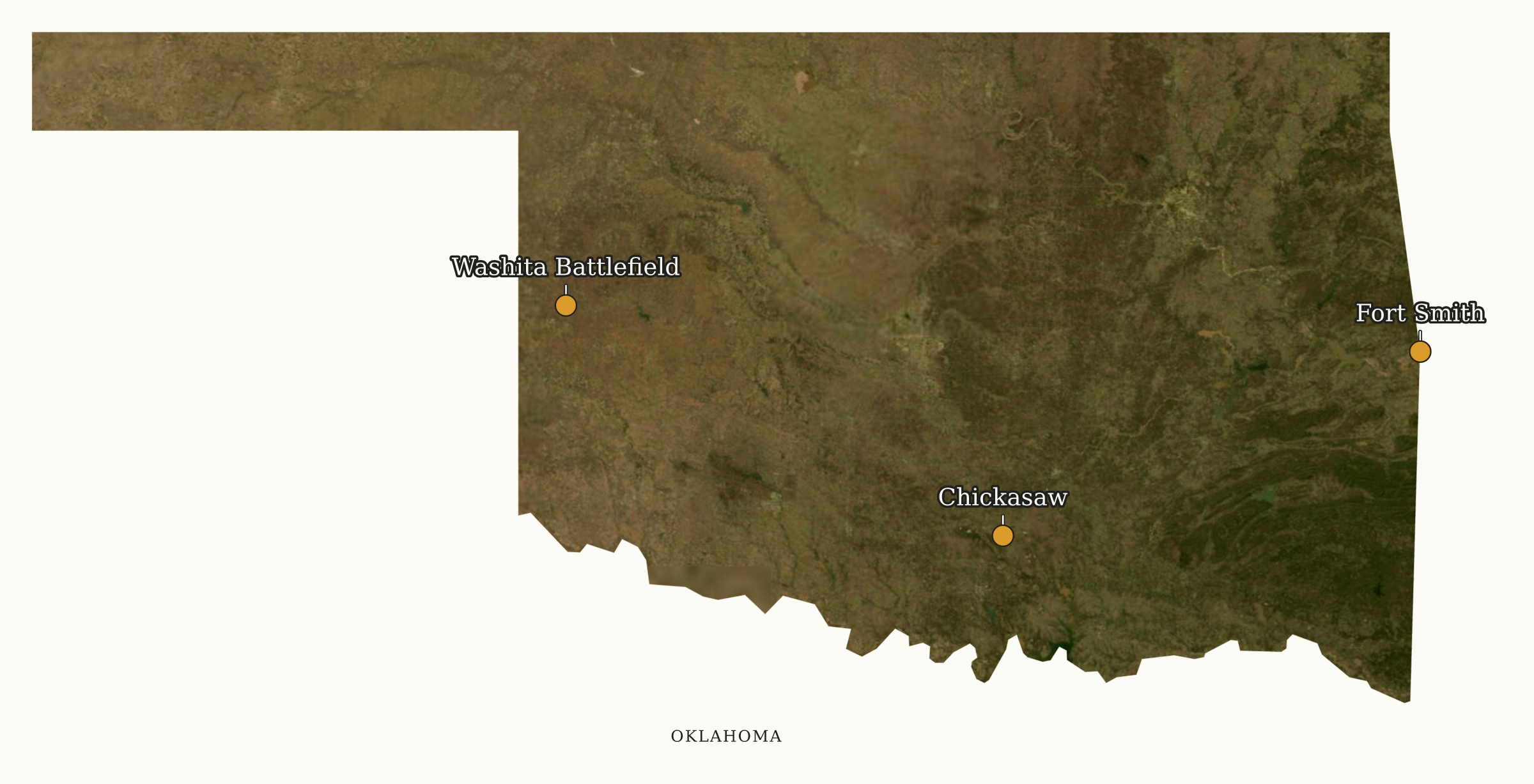 Oklahoma NPS sites map: labeled satellite map, showing 3 locations: Chickasaw, Fort Smith, Washita Battlefield