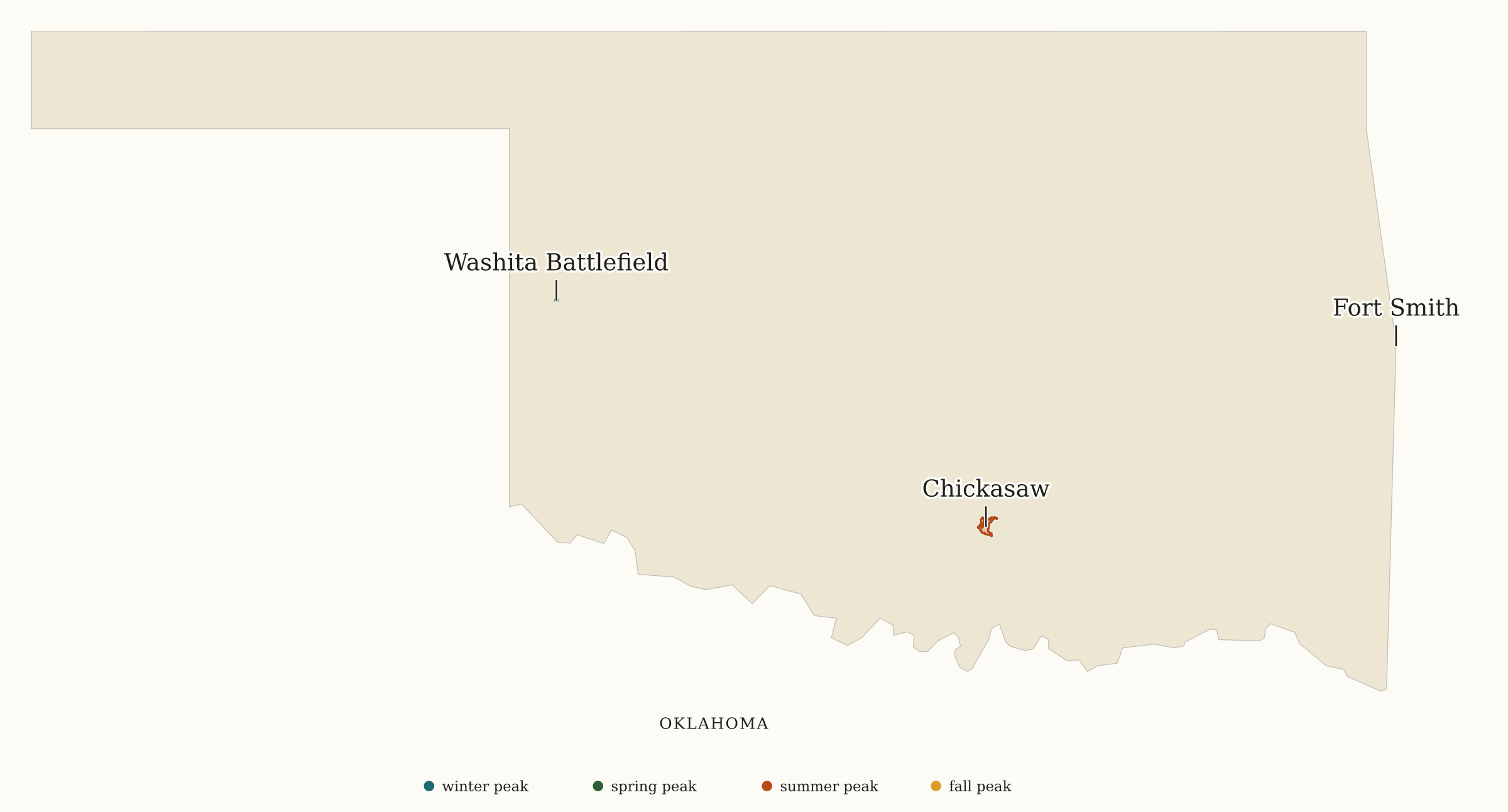 Oklahoma NPS sites map: busiest-season map, showing 3 locations: Chickasaw, Fort Smith, Washita Battlefield