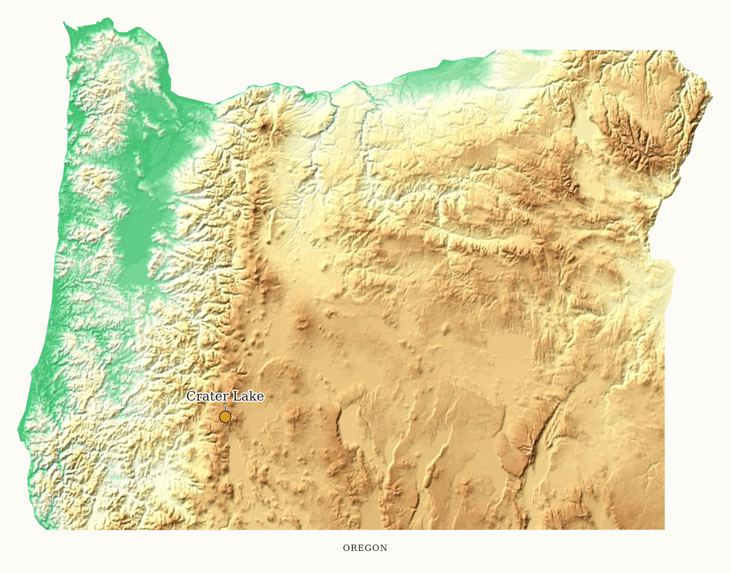 Oregon National Parks map: elevation tint map, showing 1 locations: Crater Lake