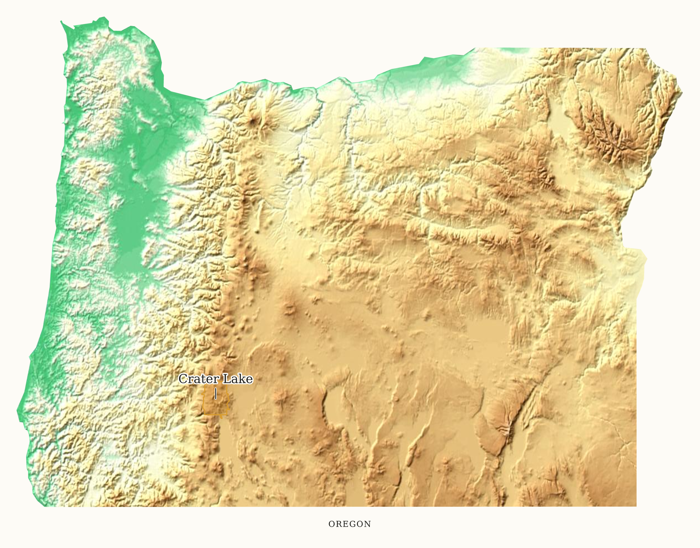 Oregon National Parks map: elevation tint map, showing 1 locations: Crater Lake