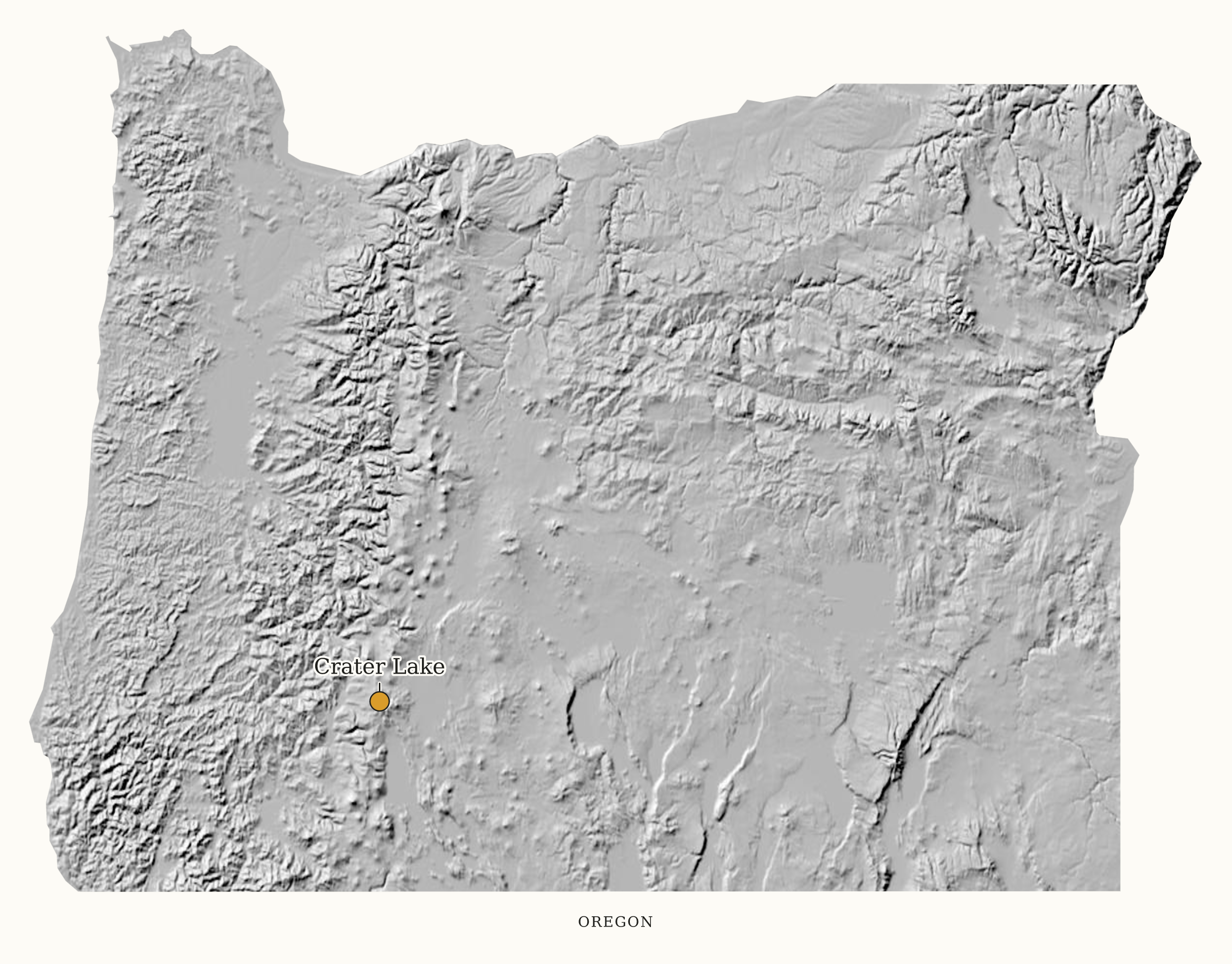 Oregon National Parks map: shaded relief map, showing 1 locations: Crater Lake