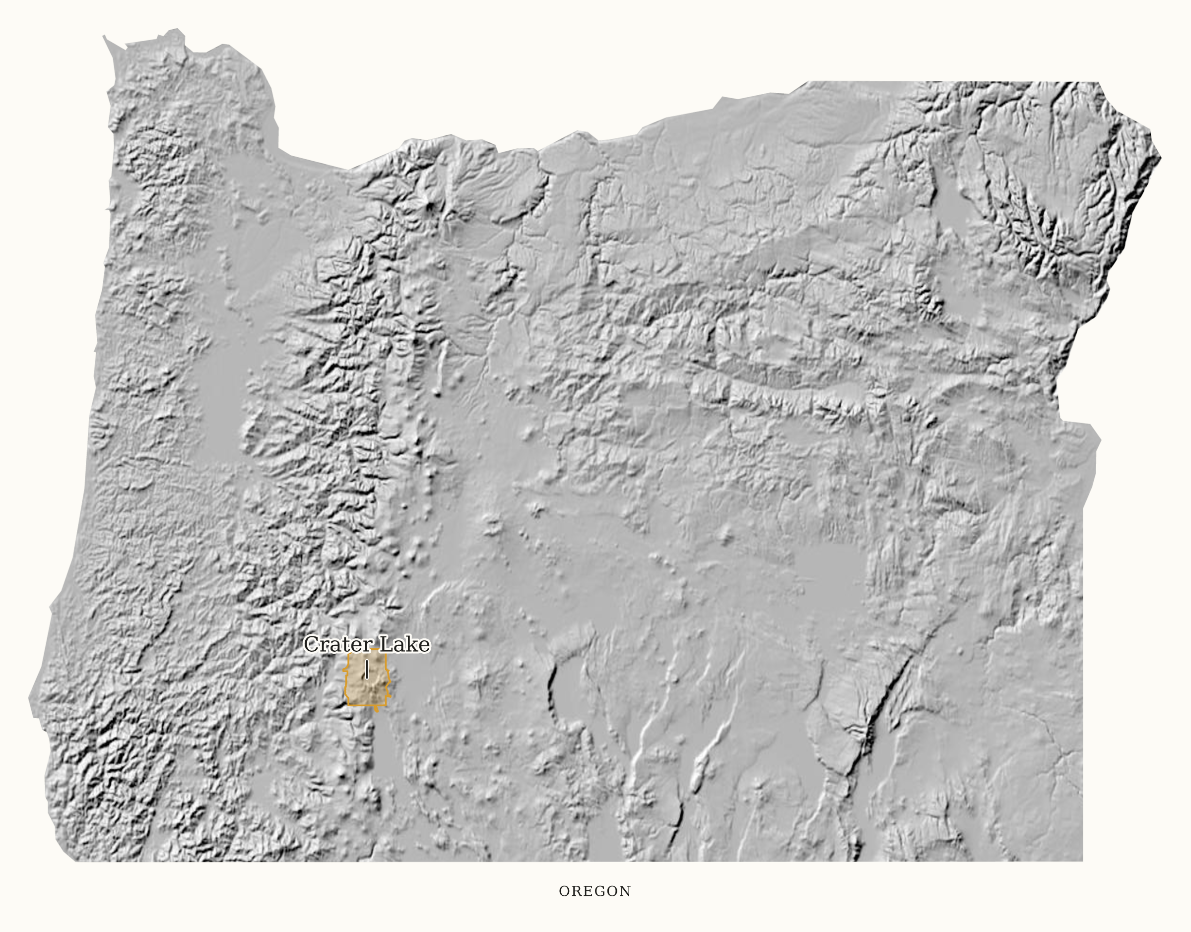 Oregon National Parks map: shaded relief map, showing 1 locations: Crater Lake