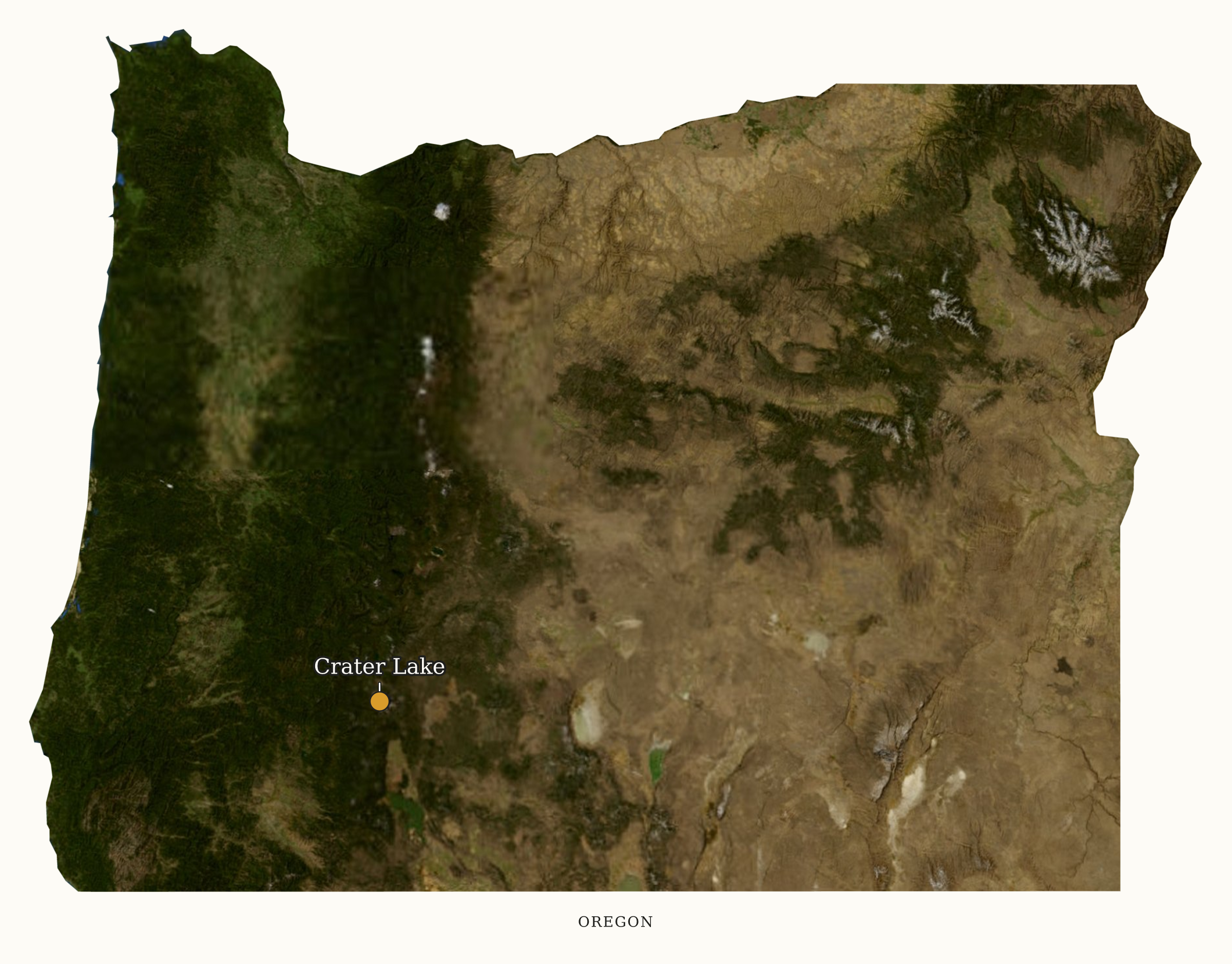 Oregon National Parks map: labeled satellite map, showing 1 locations: Crater Lake