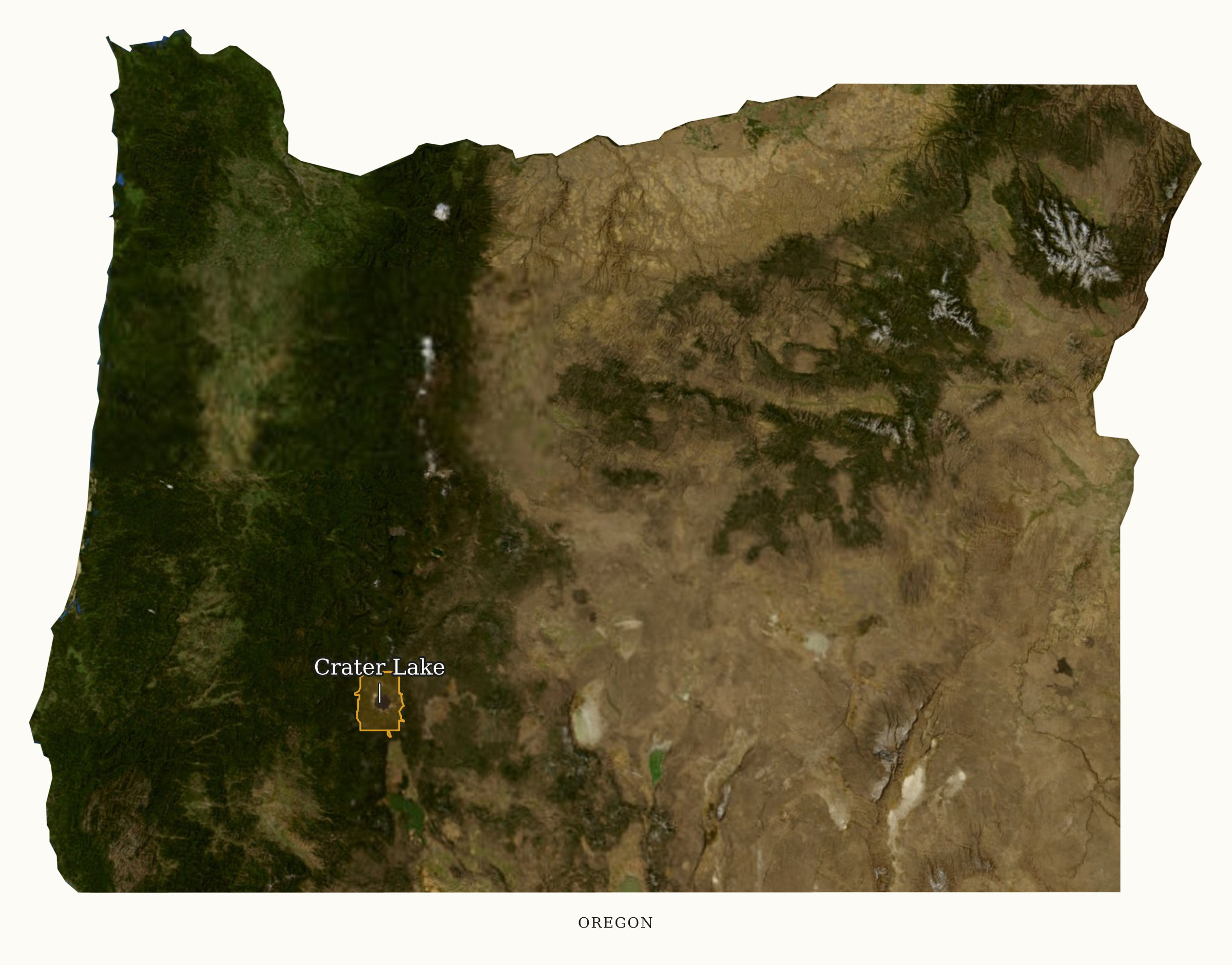 Oregon National Parks map: labeled satellite map, showing 1 locations: Crater Lake