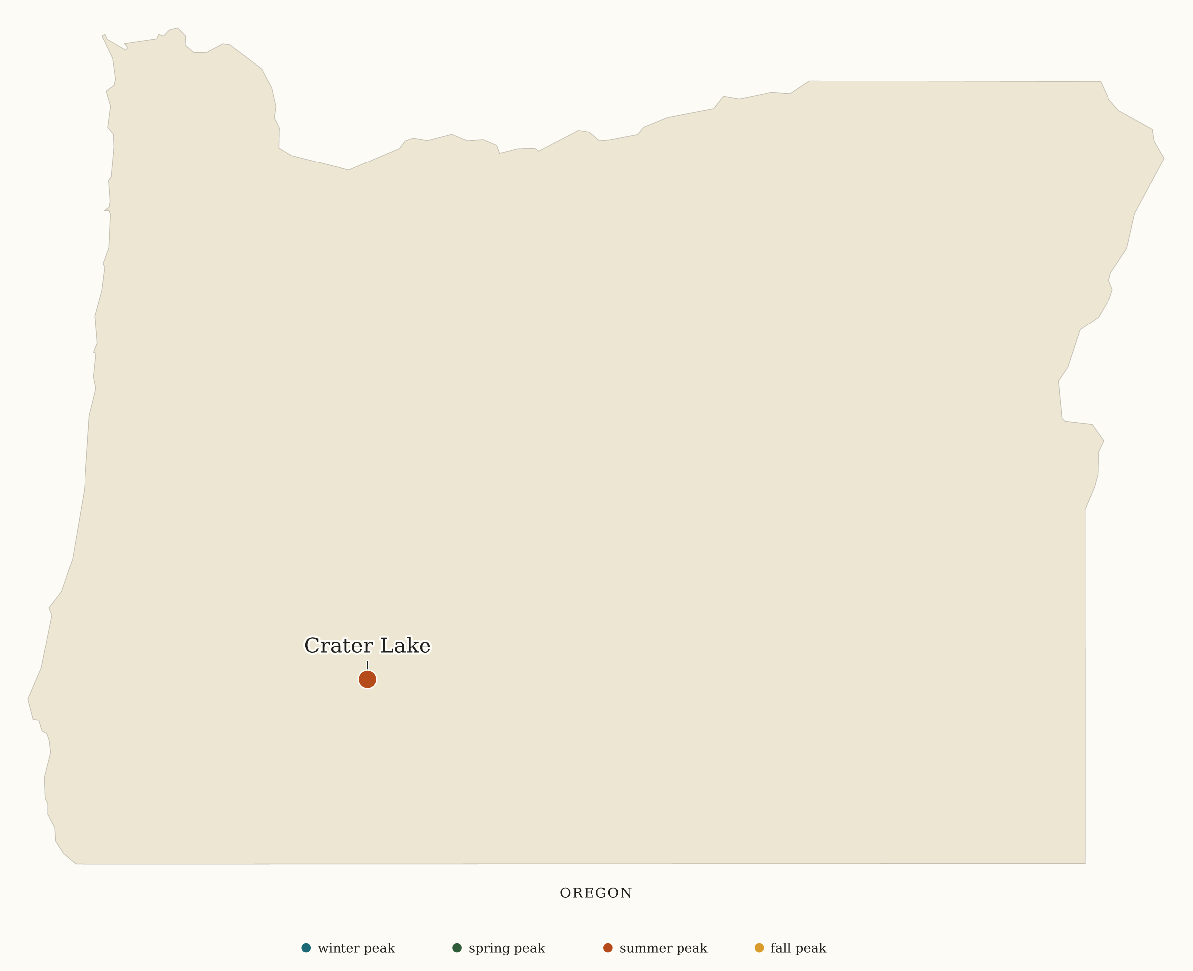 Oregon National Parks map: busiest-season map, showing 1 locations: Crater Lake