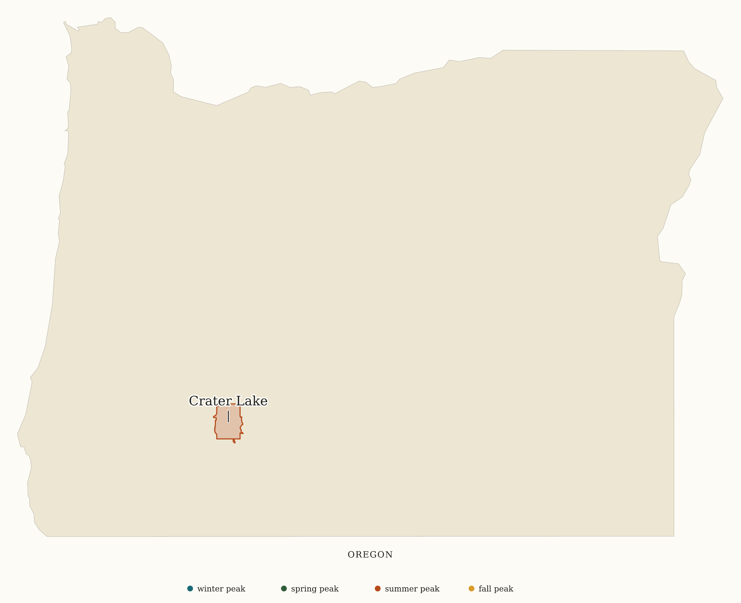Oregon National Parks map: busiest-season map, showing 1 locations: Crater Lake
