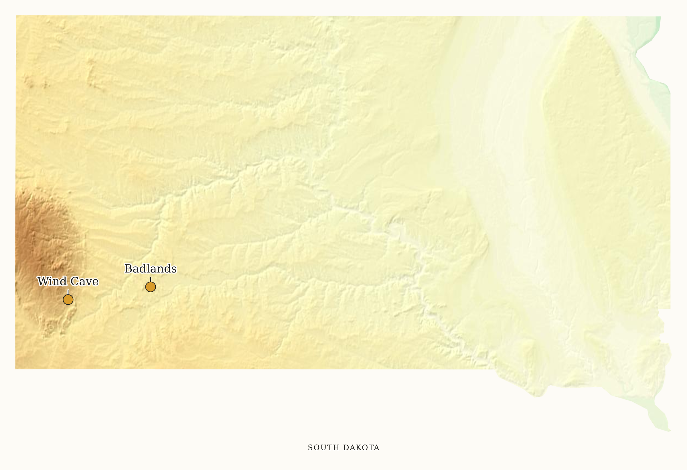 South Dakota National Parks map: elevation tint map, showing 2 locations: Badlands, Wind Cave
