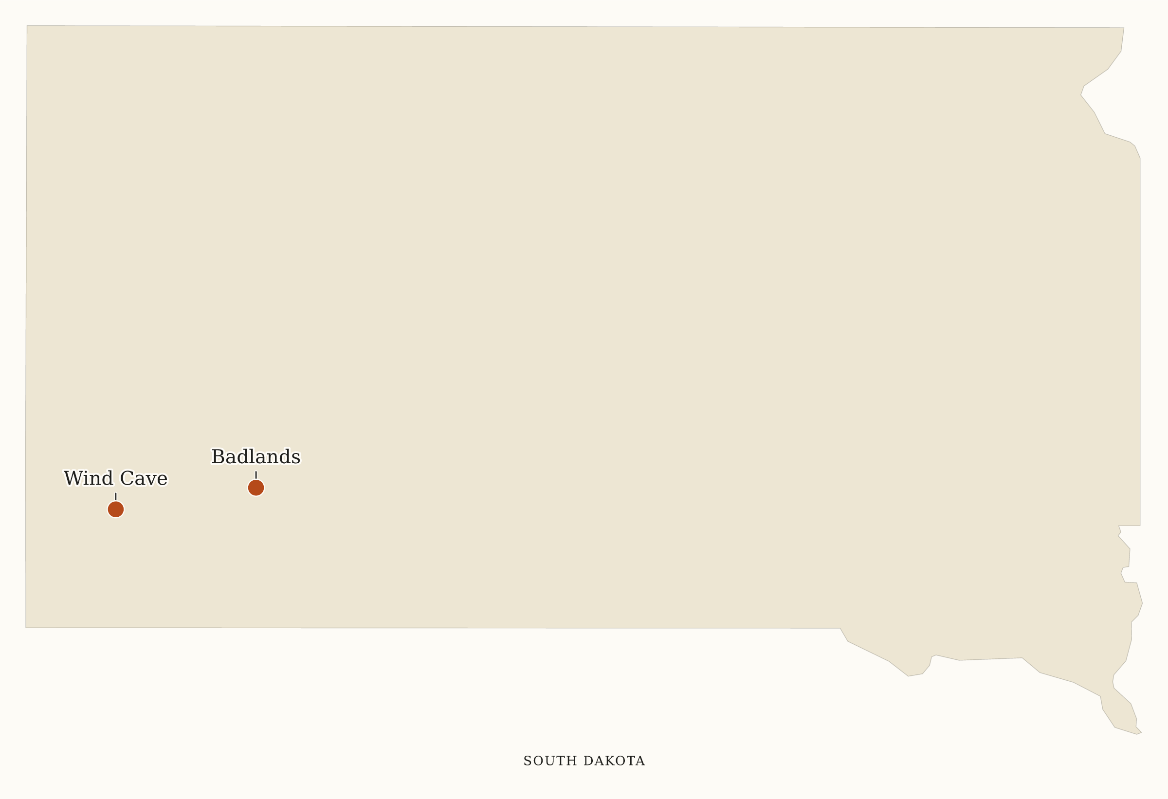 South Dakota National Parks map: map with place names, showing 2 locations: Badlands, Wind Cave