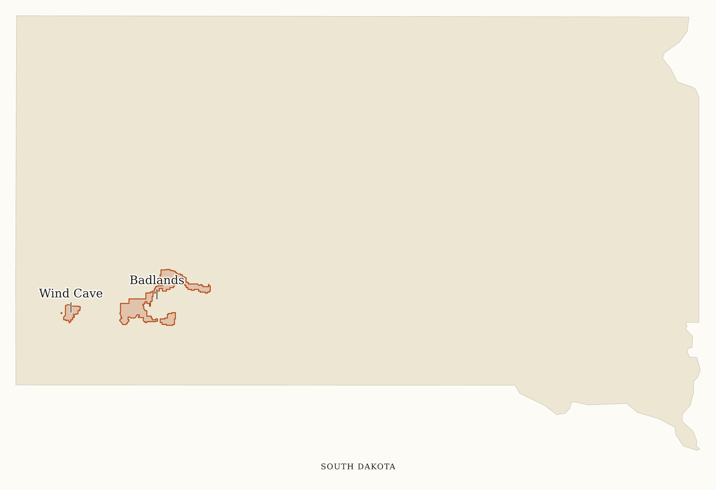 South Dakota National Parks map: map with place names, showing 2 locations: Badlands, Wind Cave