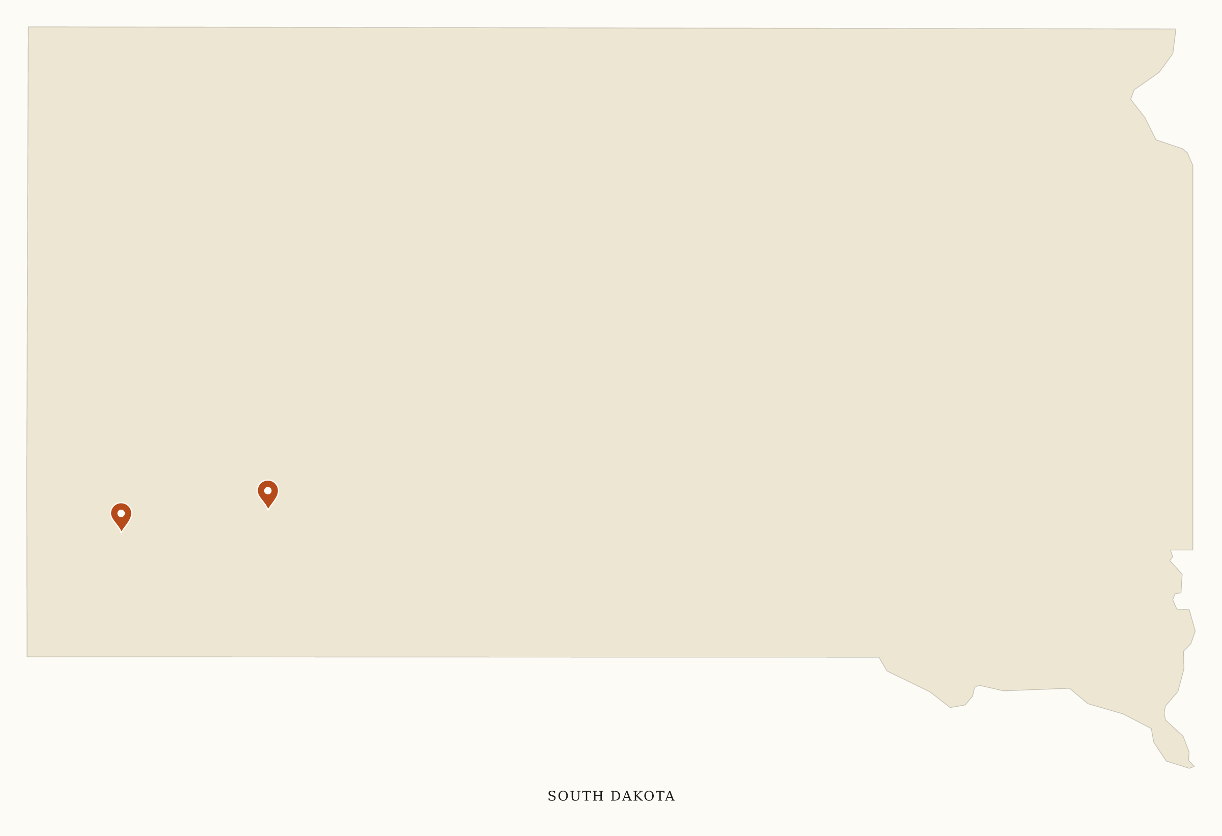 South Dakota National Parks map: clean pin map, showing 2 locations: Badlands, Wind Cave