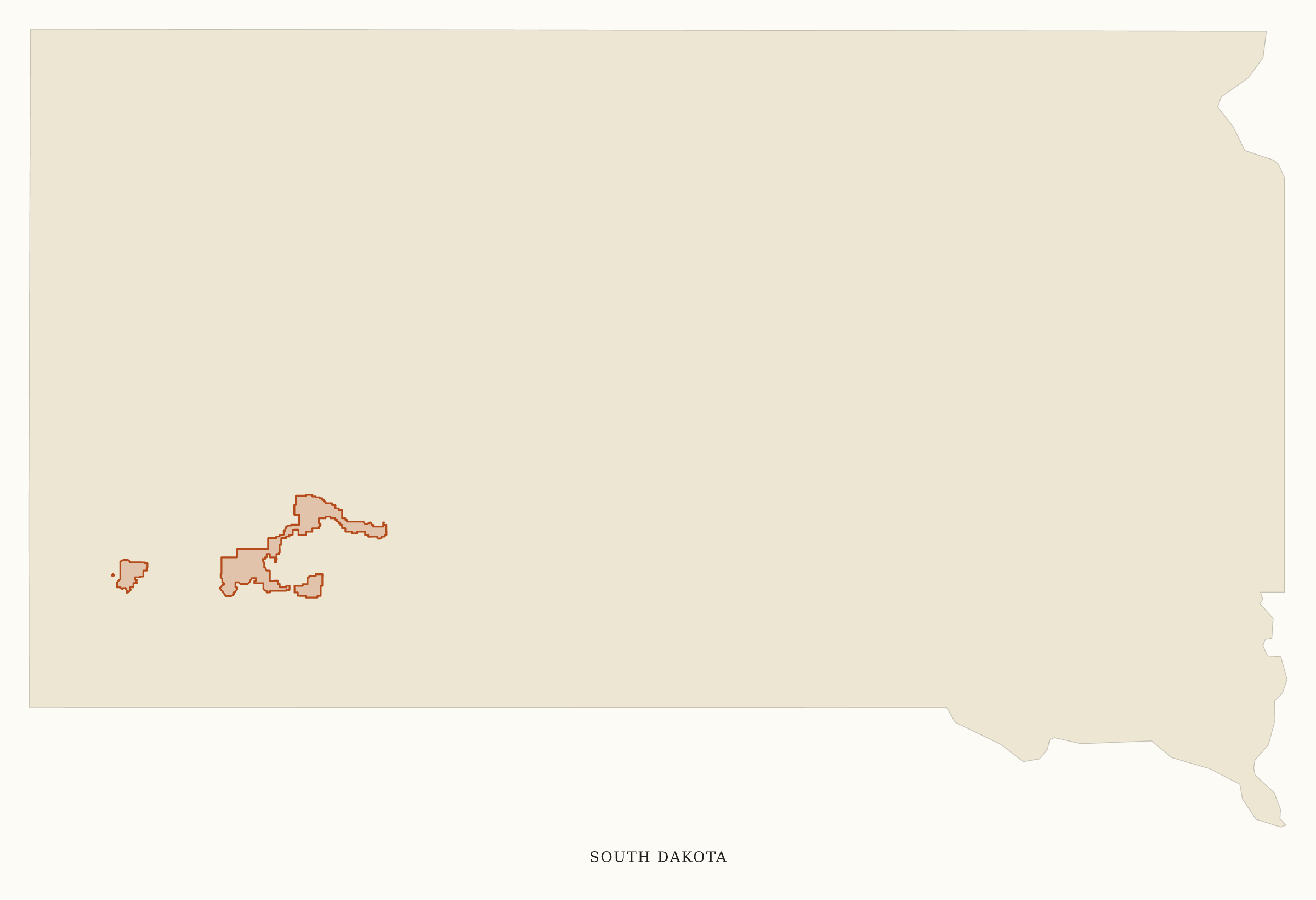 South Dakota National Parks map: clean area map, showing 2 locations: Badlands, Wind Cave