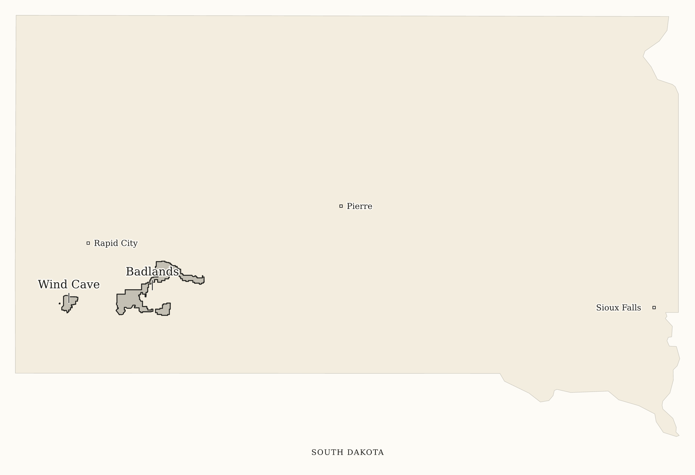 South Dakota National Parks map: print-friendly map, showing 2 locations: Badlands, Wind Cave