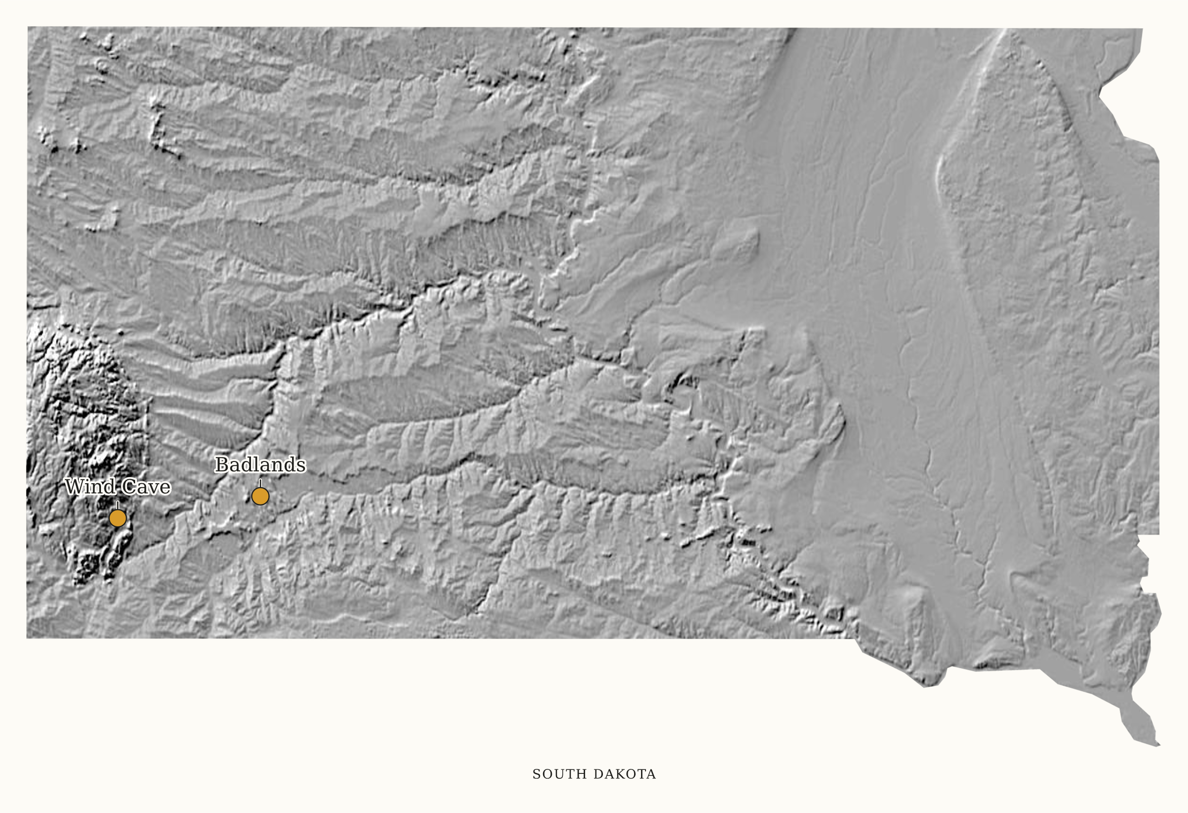 South Dakota National Parks map: shaded relief map, showing 2 locations: Badlands, Wind Cave
