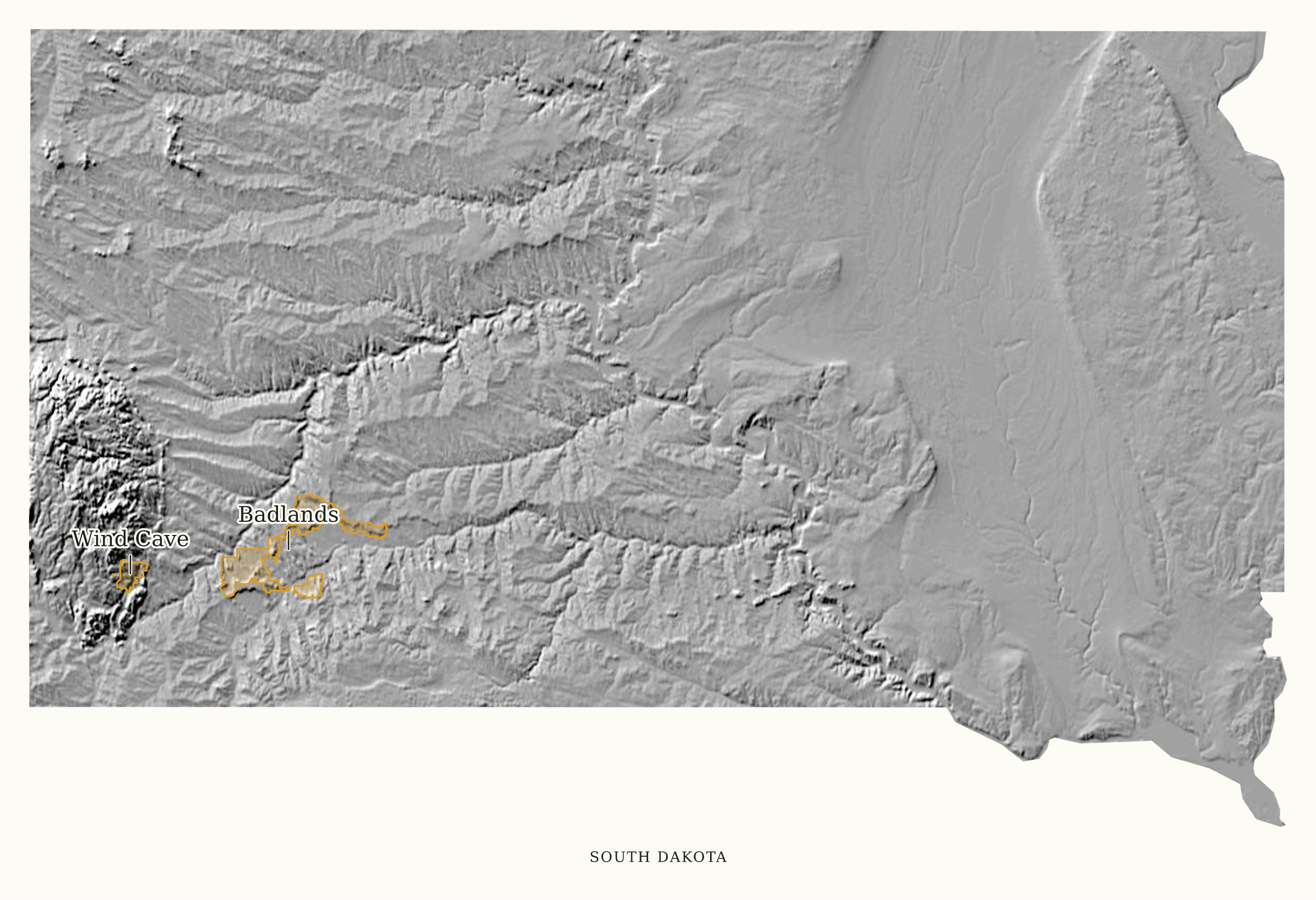 South Dakota National Parks map: shaded relief map, showing 2 locations: Badlands, Wind Cave
