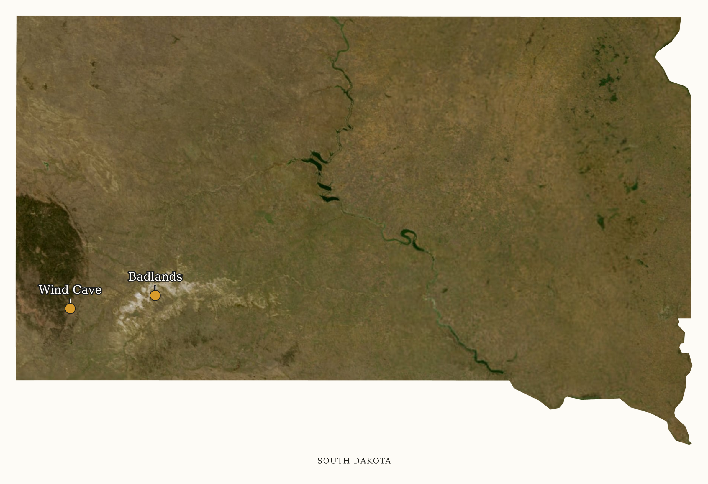 South Dakota National Parks map: labeled satellite map, showing 2 locations: Badlands, Wind Cave