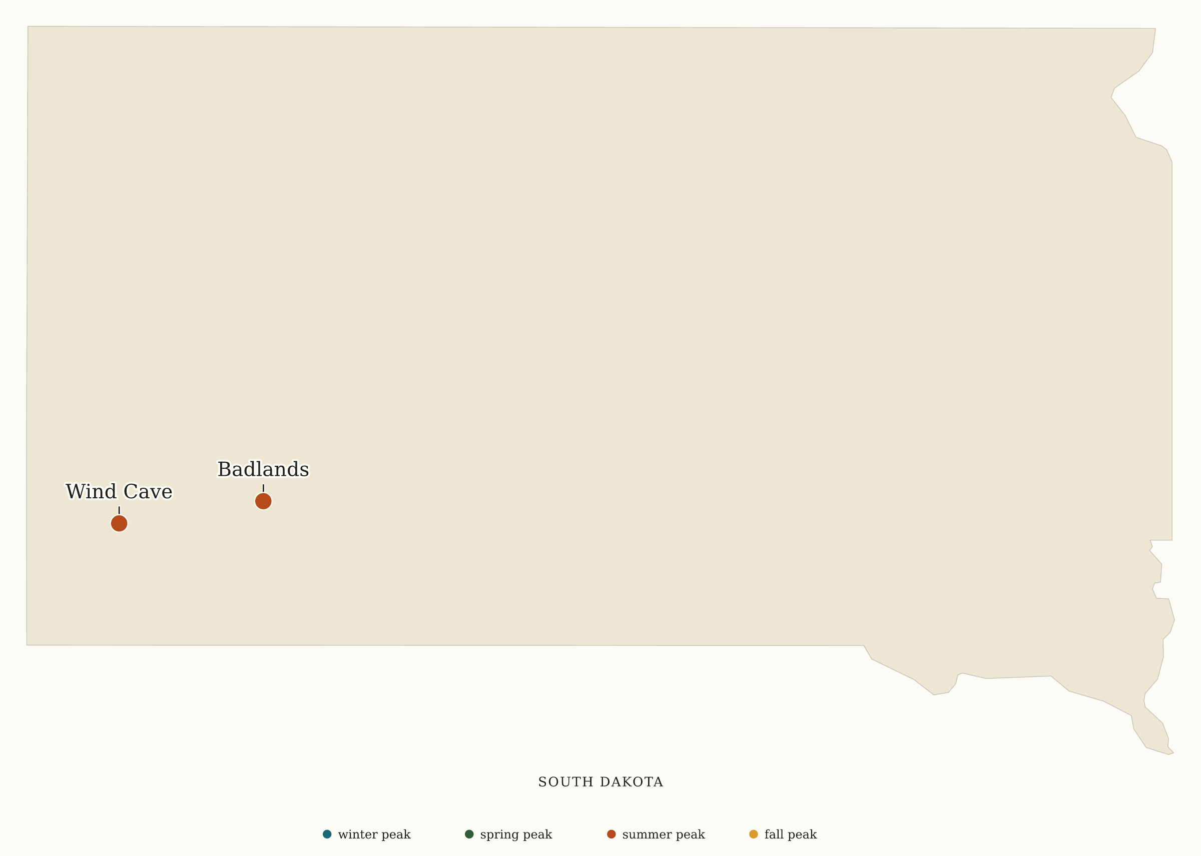 South Dakota National Parks map: busiest-season map, showing 2 locations: Badlands, Wind Cave