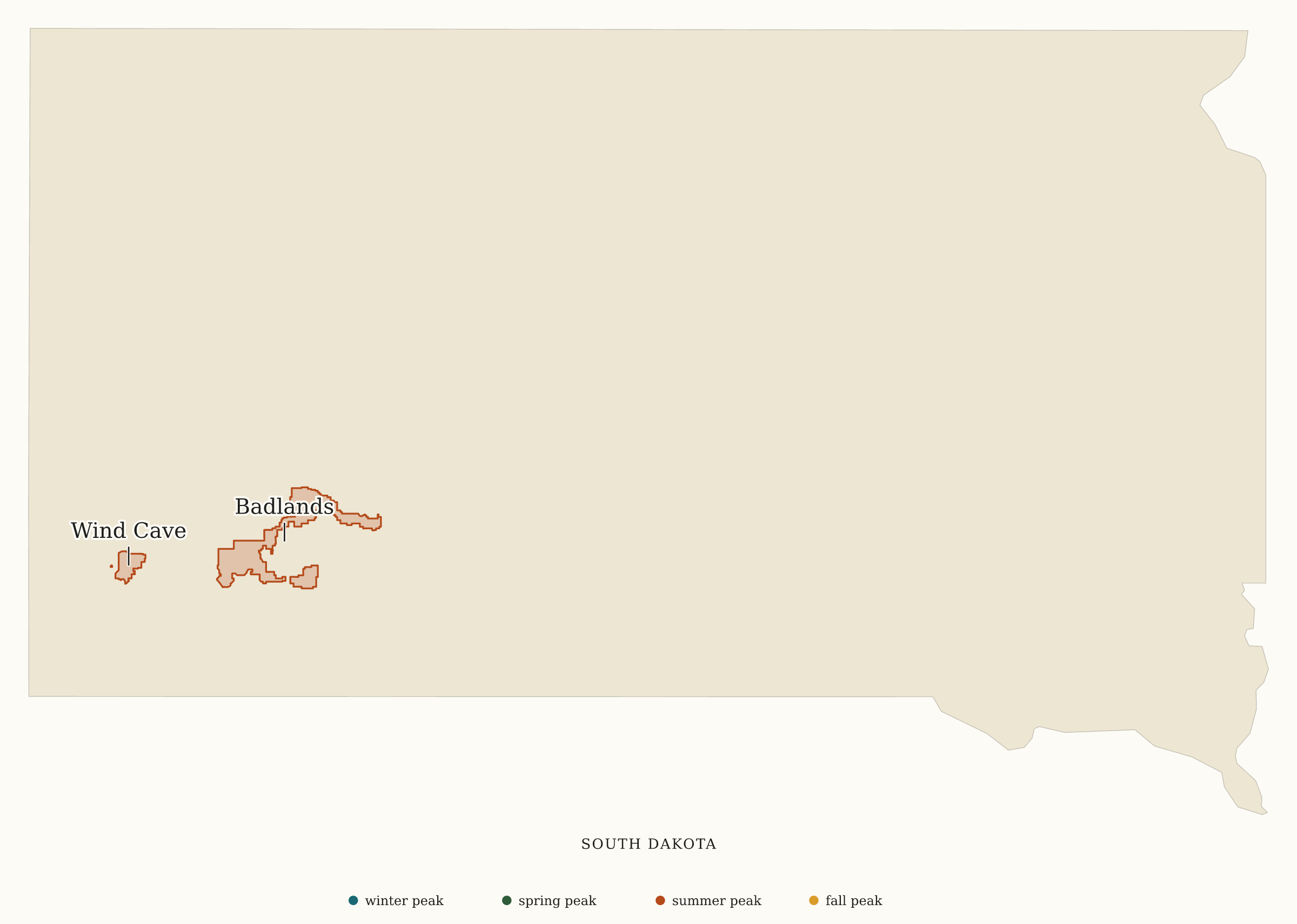 South Dakota National Parks map: busiest-season map, showing 2 locations: Badlands, Wind Cave