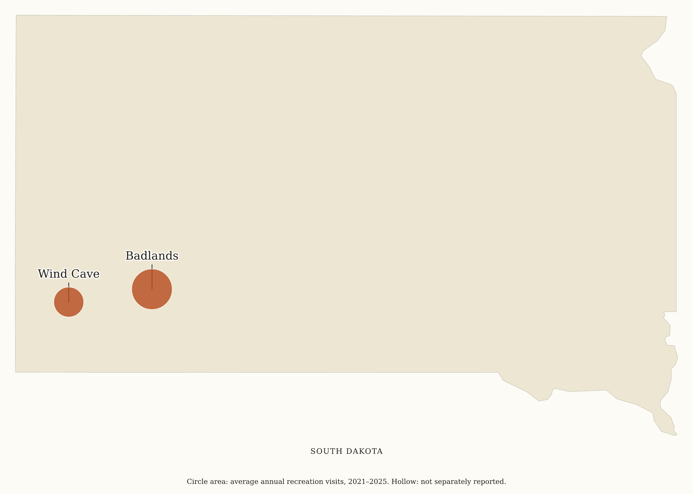 South Dakota National Parks map: visitation map, showing 2 locations: Badlands, Wind Cave