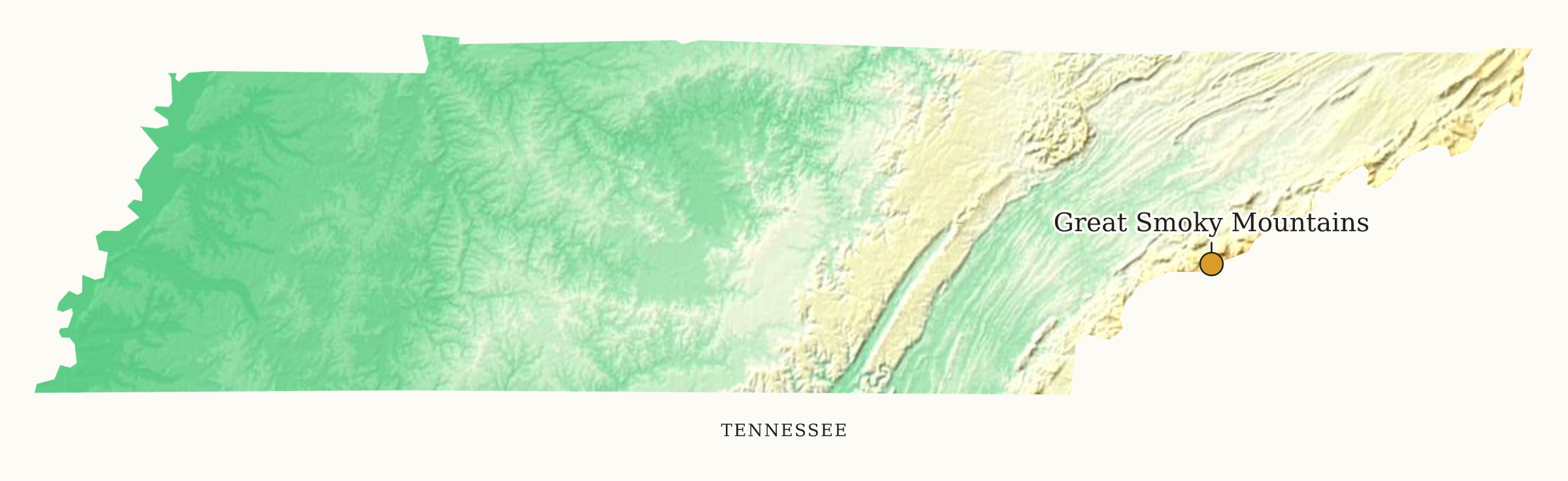 Tennessee National Parks map: elevation tint map, showing 1 locations: Great Smoky Mountains