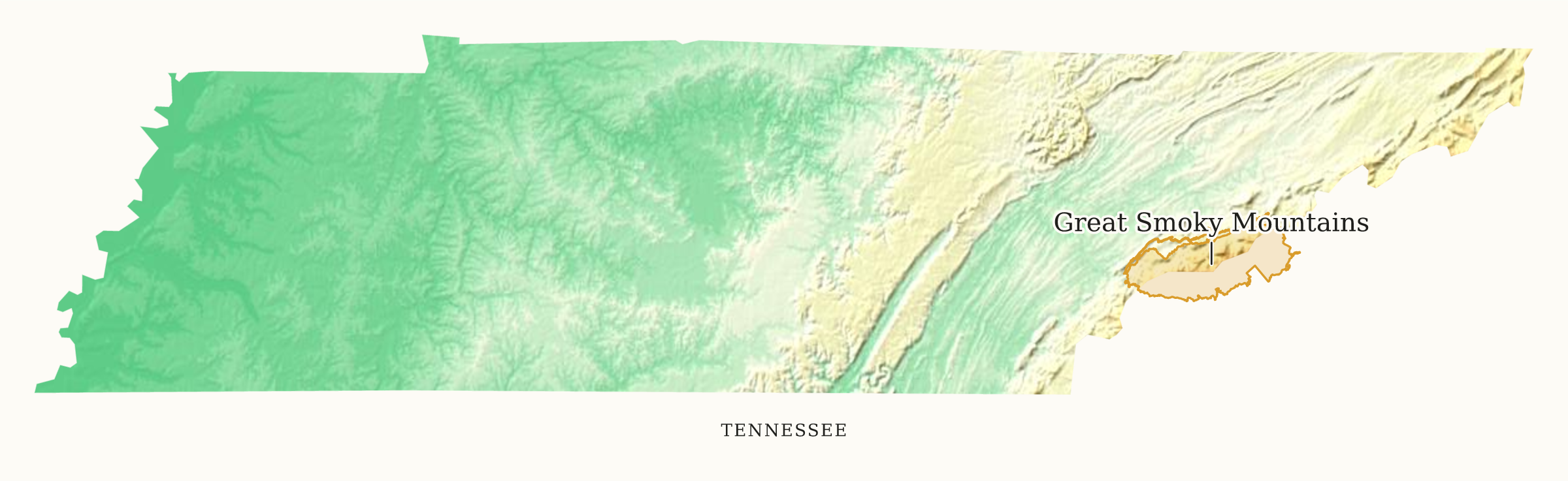 Tennessee National Parks map: elevation tint map, showing 1 locations: Great Smoky Mountains