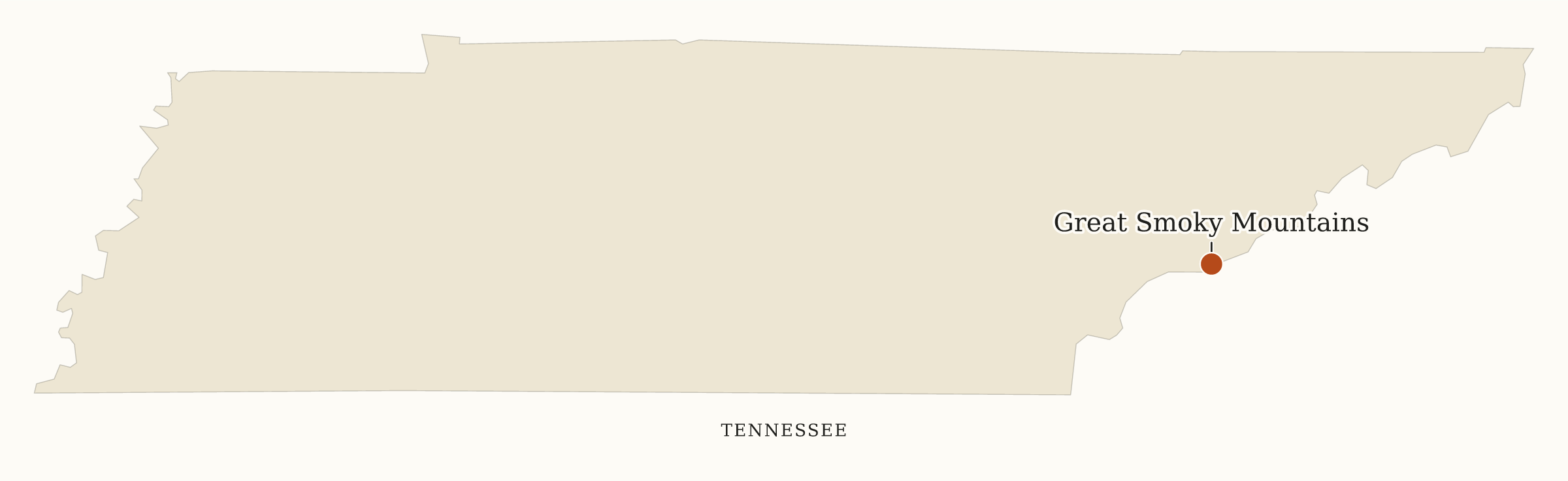 Tennessee National Parks map: map with place names, showing 1 locations: Great Smoky Mountains