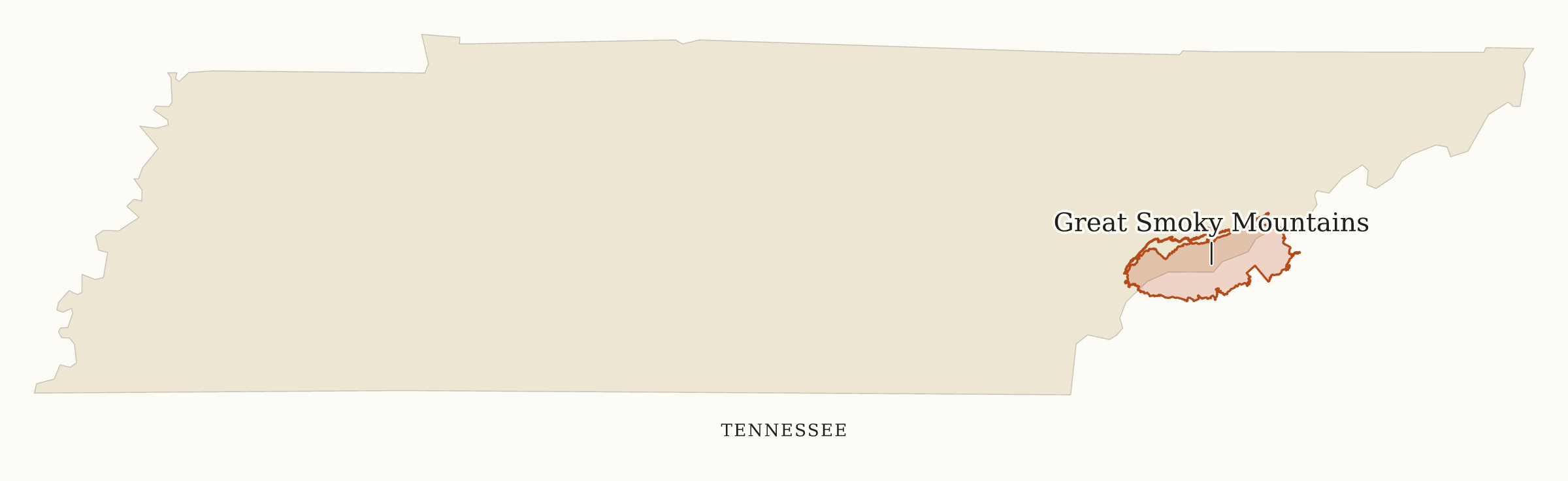 Tennessee National Parks map: map with place names, showing 1 locations: Great Smoky Mountains