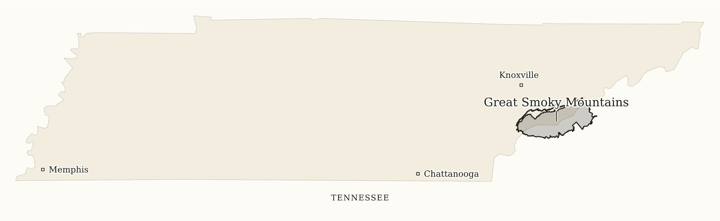 Tennessee National Parks map: print-friendly map, showing 1 locations: Great Smoky Mountains