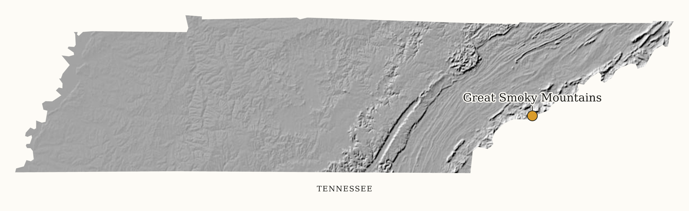 Tennessee National Parks map: shaded relief map, showing 1 locations: Great Smoky Mountains