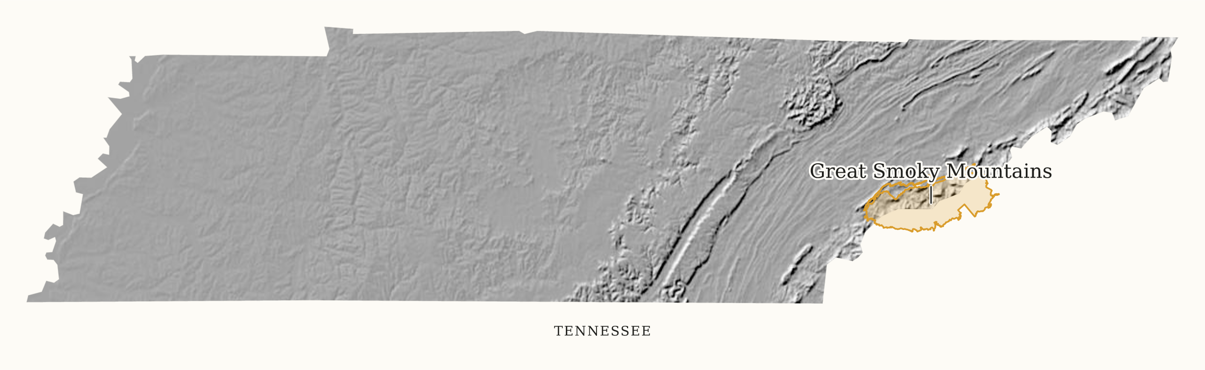 Tennessee National Parks map: shaded relief map, showing 1 locations: Great Smoky Mountains