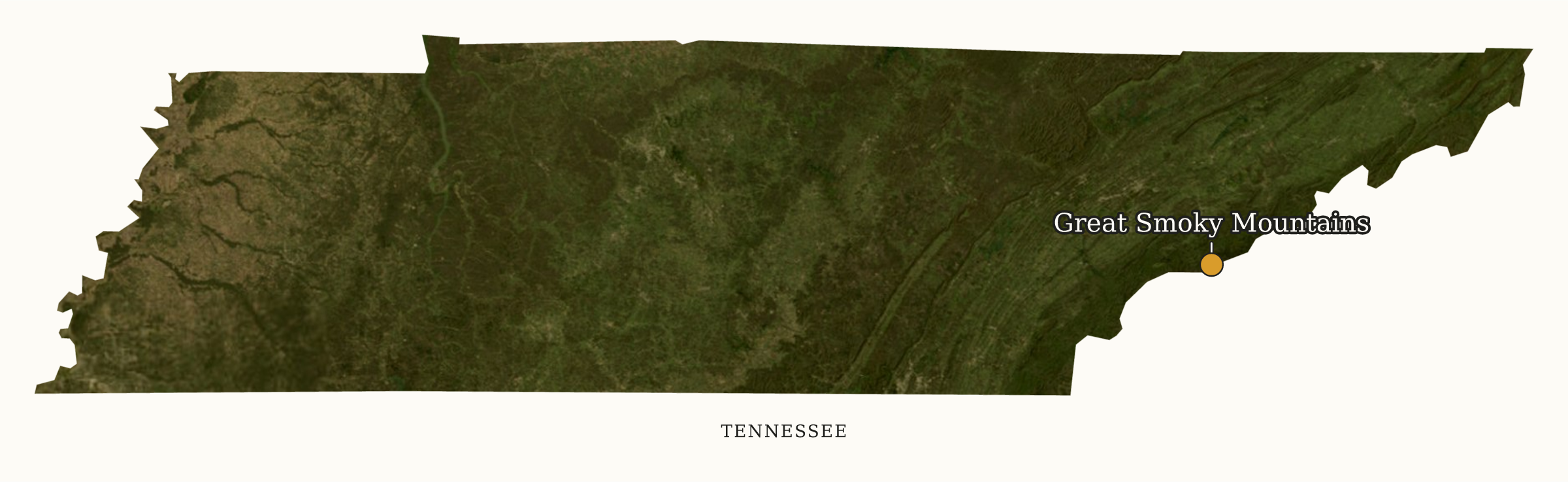 Tennessee National Parks map: labeled satellite map, showing 1 locations: Great Smoky Mountains