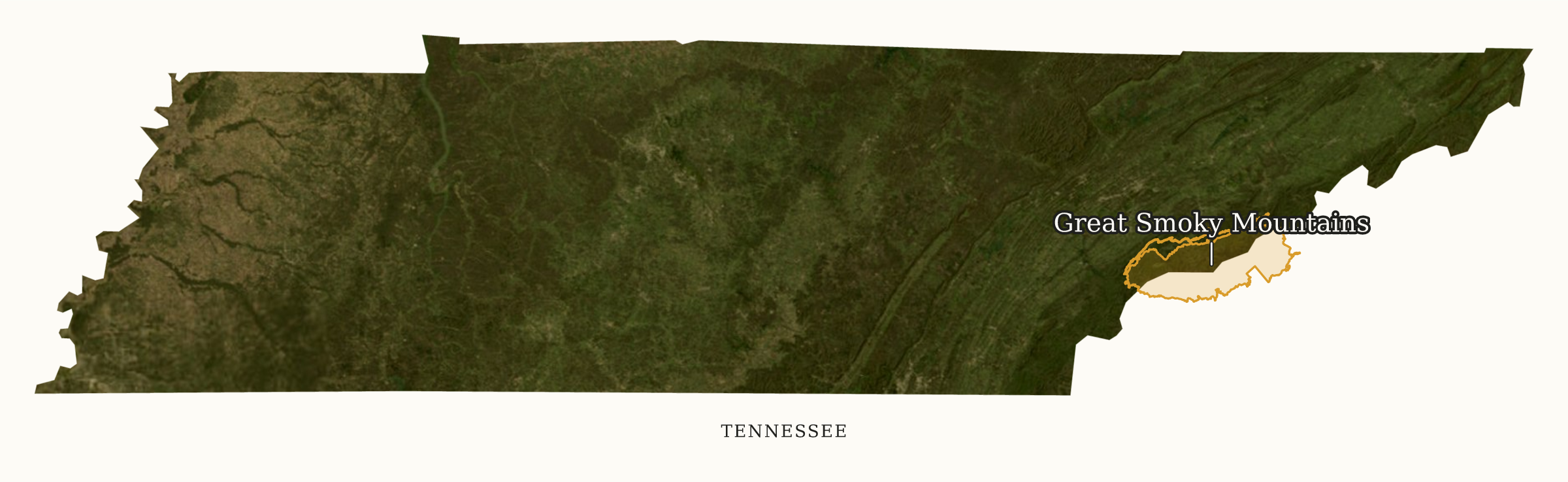 Tennessee National Parks map: labeled satellite map, showing 1 locations: Great Smoky Mountains