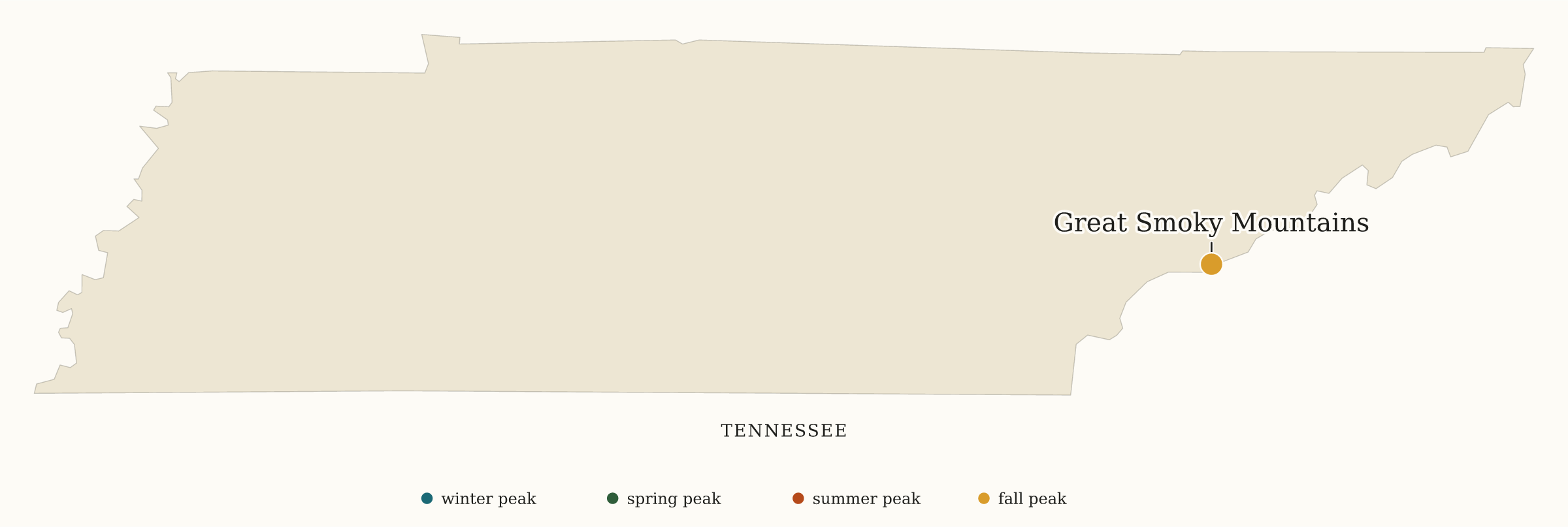 Tennessee National Parks map: busiest-season map, showing 1 locations: Great Smoky Mountains