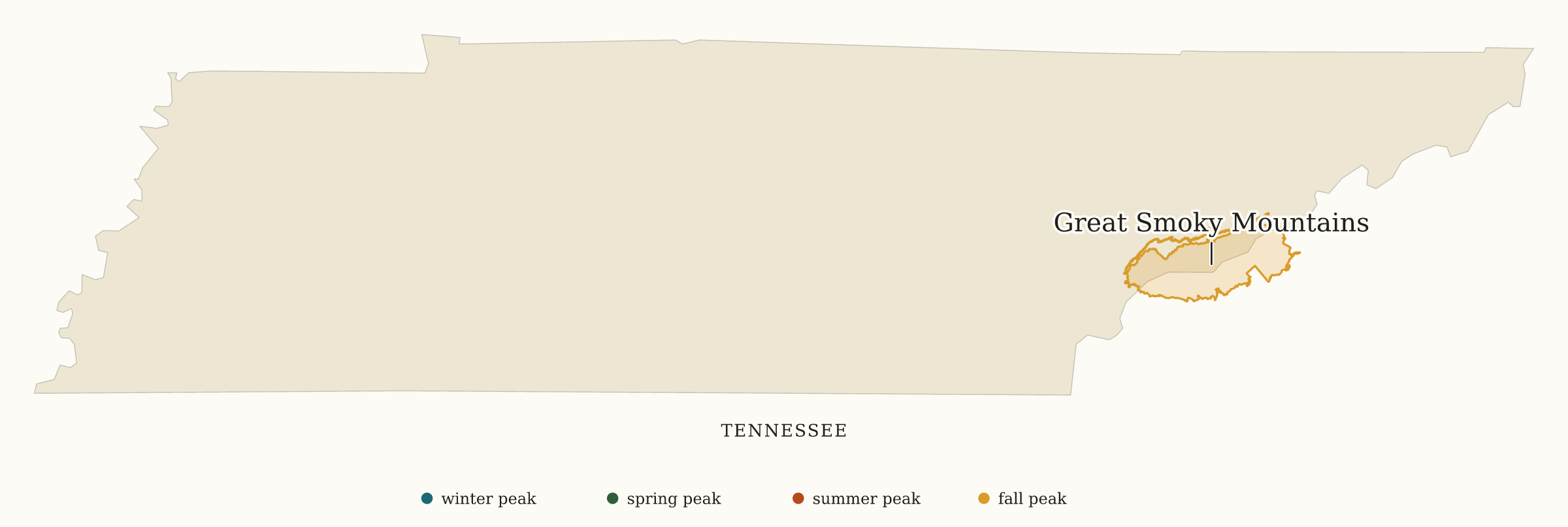 Tennessee National Parks map: busiest-season map, showing 1 locations: Great Smoky Mountains