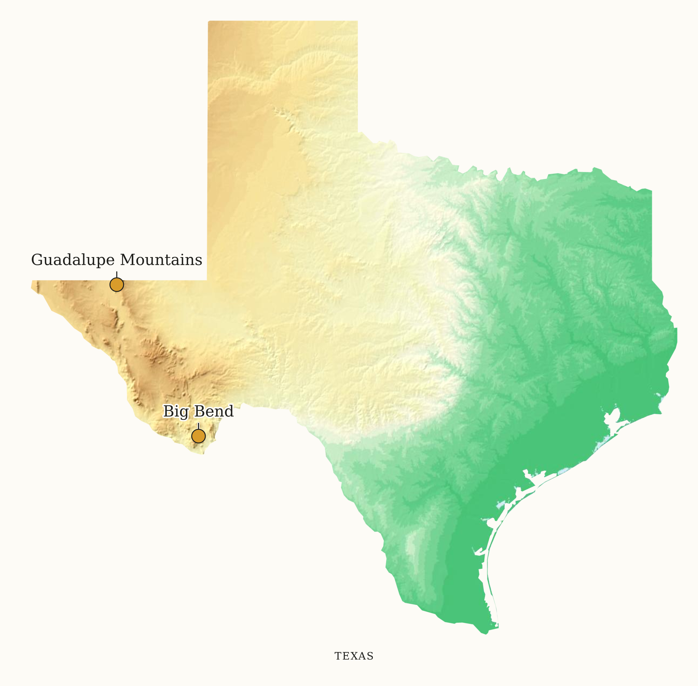 Texas National Parks map: elevation tint map, showing 2 locations: Big Bend, Guadalupe Mountains