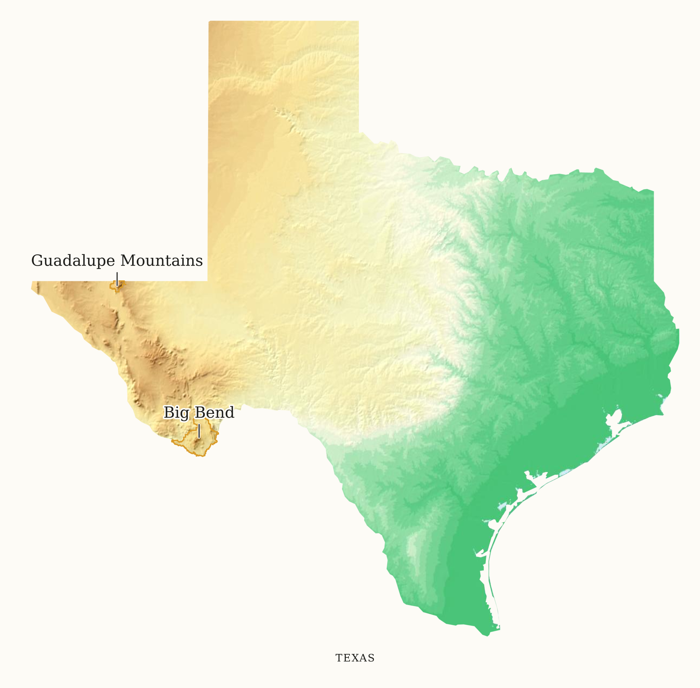 Texas National Parks map: elevation tint map, showing 2 locations: Big Bend, Guadalupe Mountains