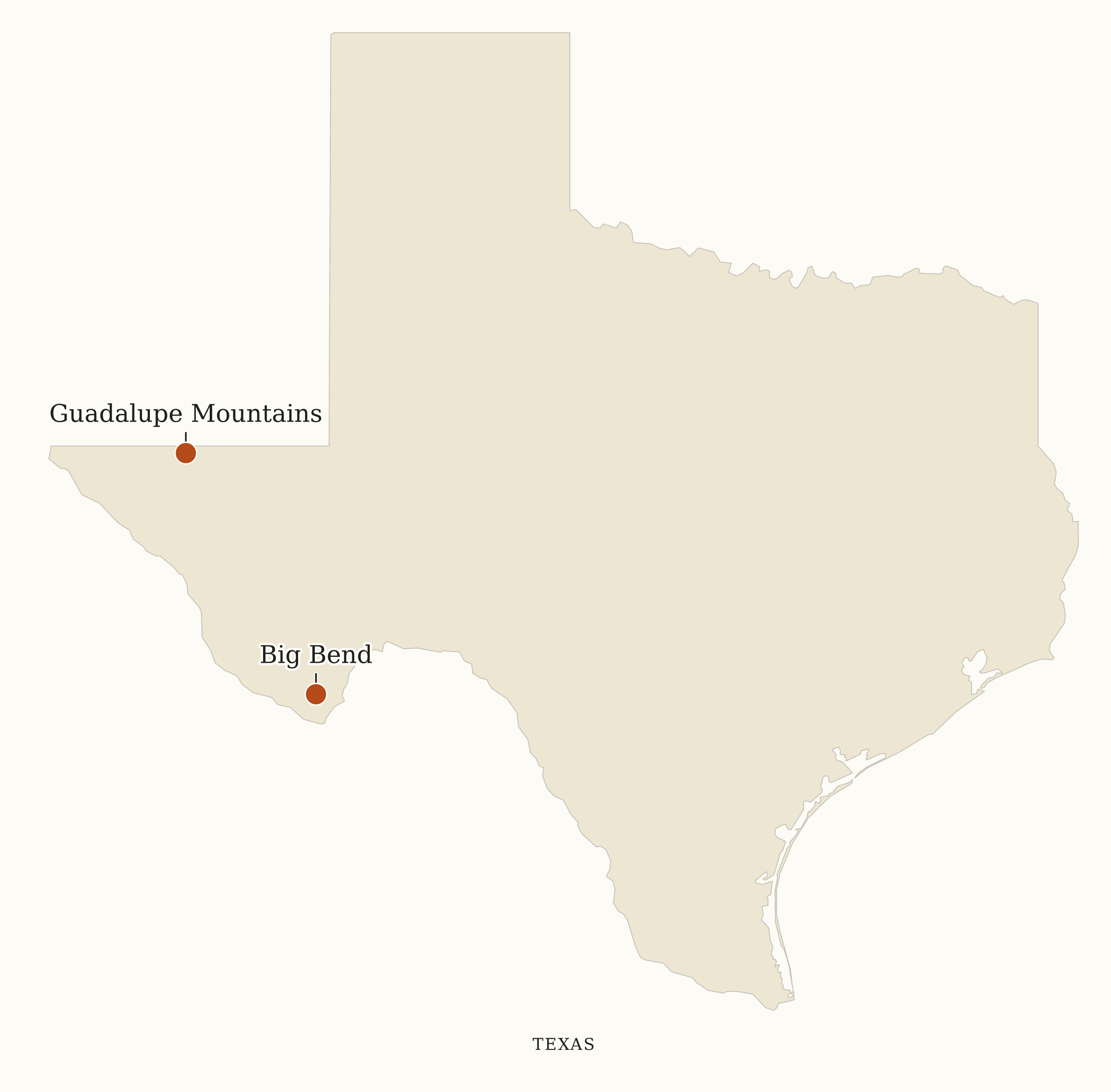 Texas National Parks map: map with place names, showing 2 locations: Big Bend, Guadalupe Mountains