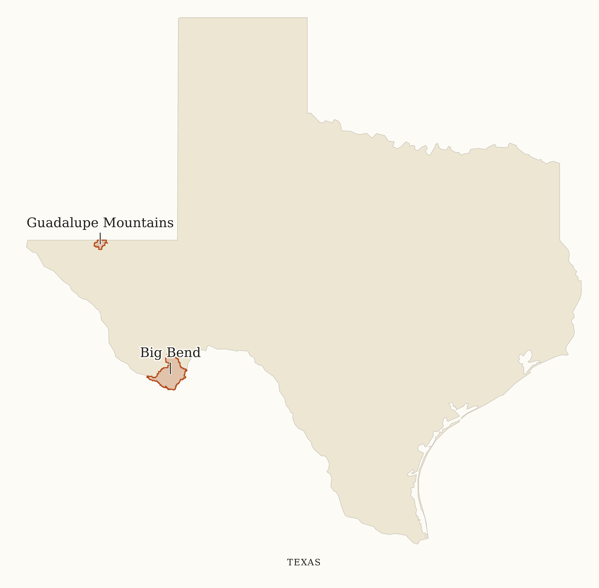 Texas National Parks map: map with place names, showing 2 locations: Big Bend, Guadalupe Mountains