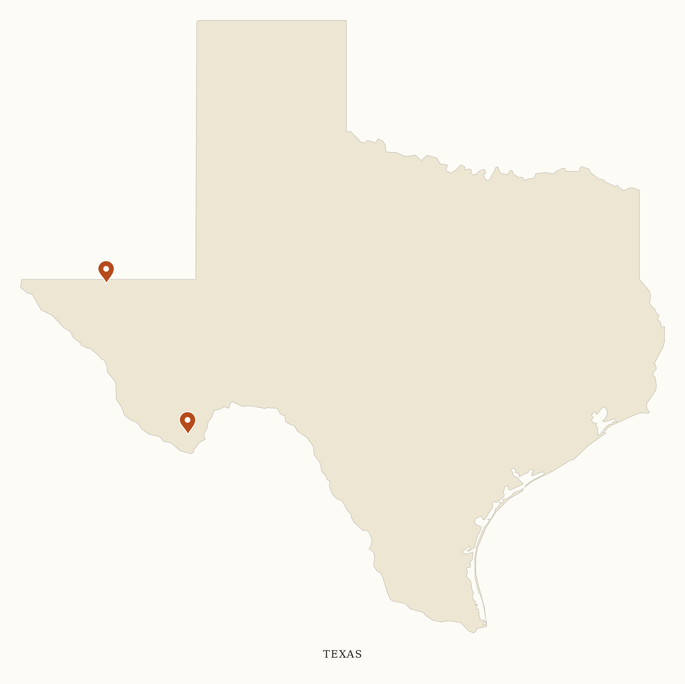 Texas National Parks map: clean pin map, showing 2 locations: Big Bend, Guadalupe Mountains