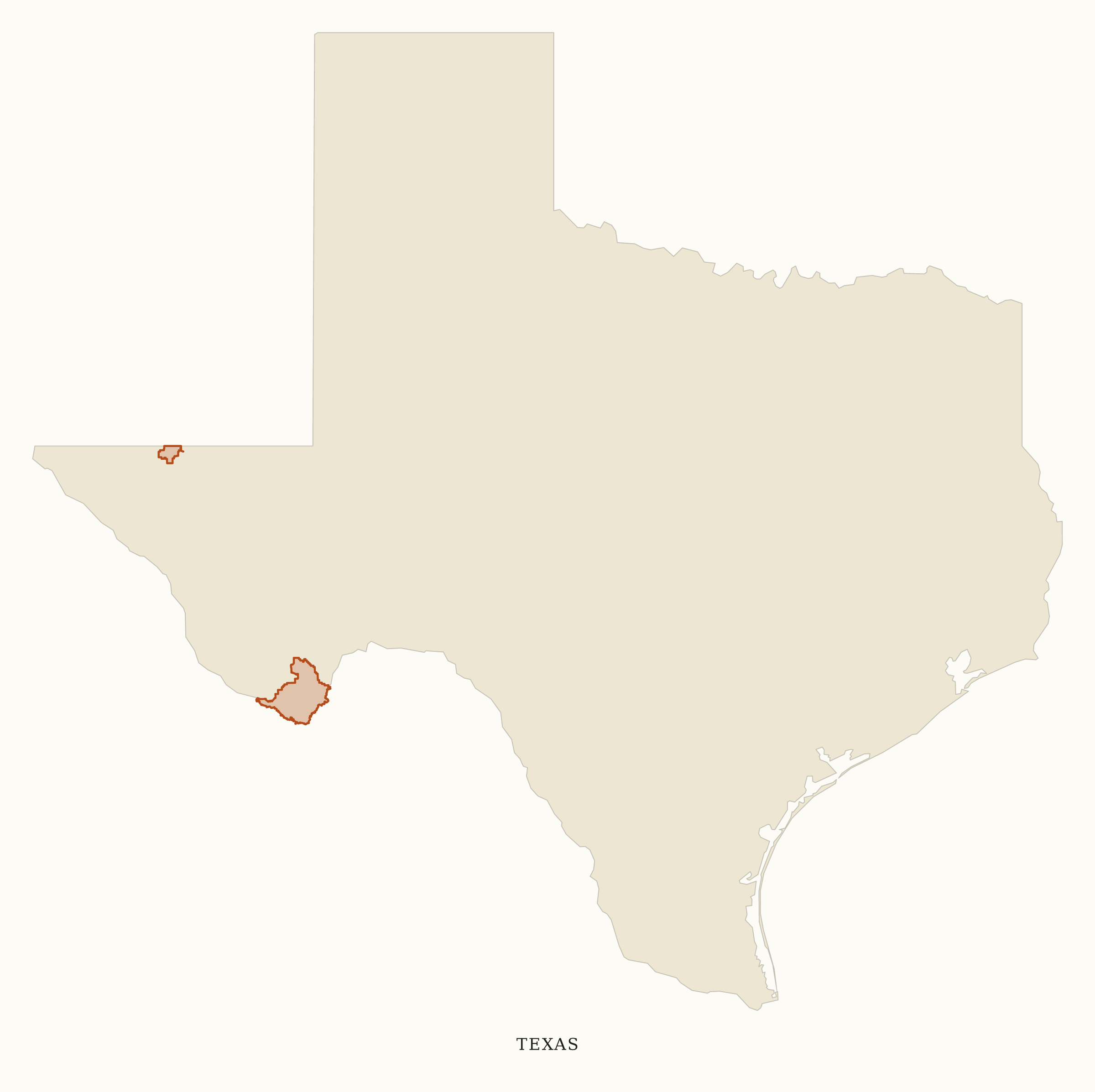 Texas National Parks map: clean area map, showing 2 locations: Big Bend, Guadalupe Mountains